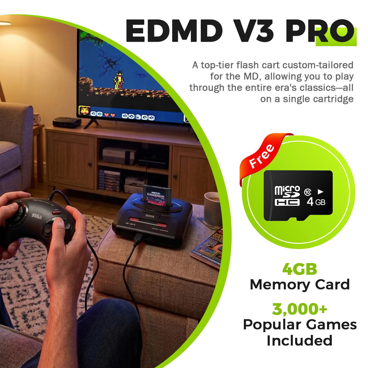 Mega EverDrive V3 Pro 3000 in 1 Flash Cartridge for Sega Genesis / Mega Drive, Retro 16Bit Game Card with Free 4GB TF Card