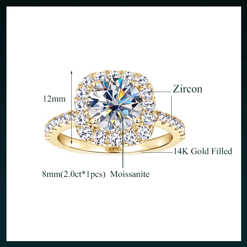 OXTAO Brilliant Moissanite Halo Ring 8mm 2ct D VVS1 Engagement Wedding Finger Rings 14K Gold Filled for Women with Certified