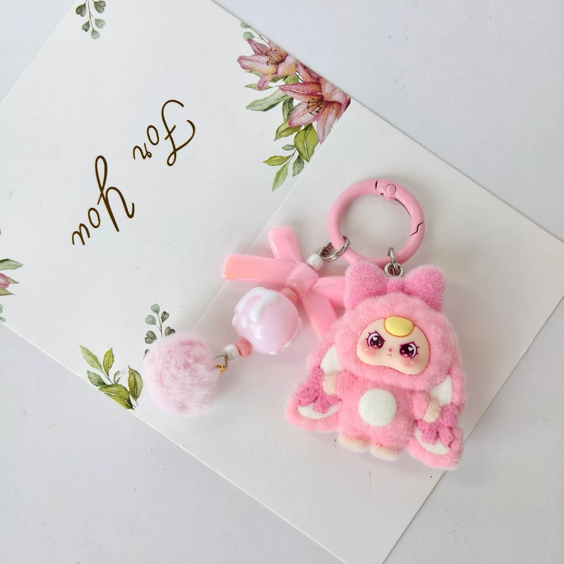 10pcs Mix Baby Three Flocked Cartoon Cute Doll Keychain Diy Jewelry Accessory Trendy Live Stream Toy Bag Pendant Kids Girls Toys