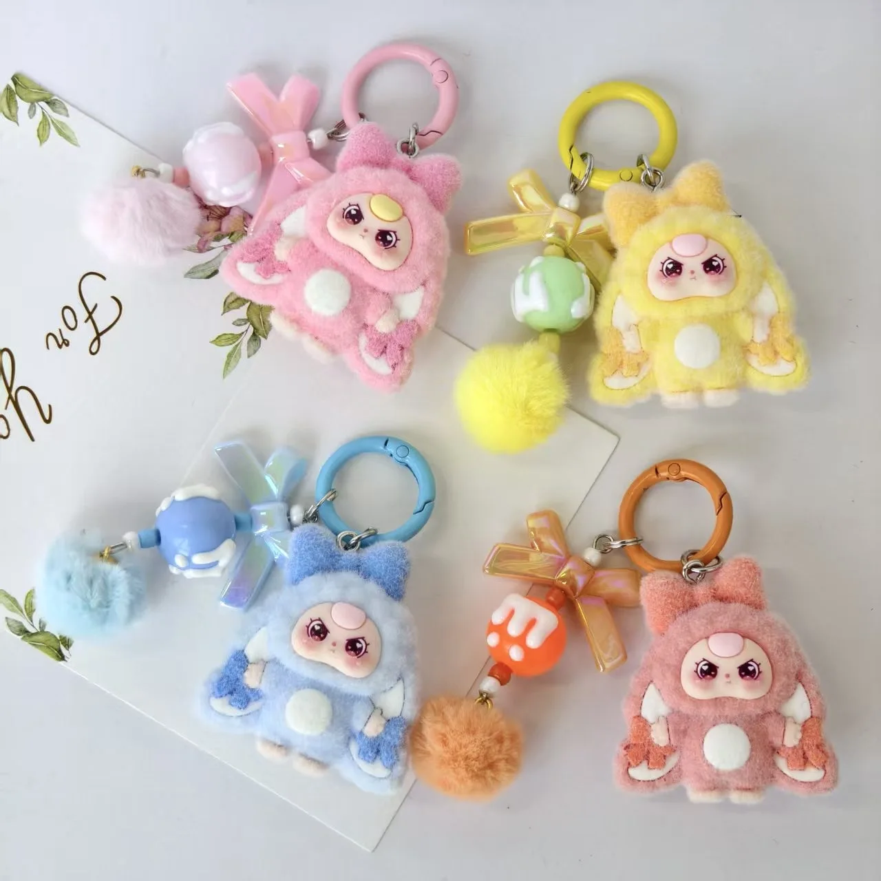 10pcs Mix Baby Three Flocked Cartoon Cute Doll Keychain Diy Jewelry Accessory Trendy Live Stream Toy Bag Pendant Kids Girls Toys