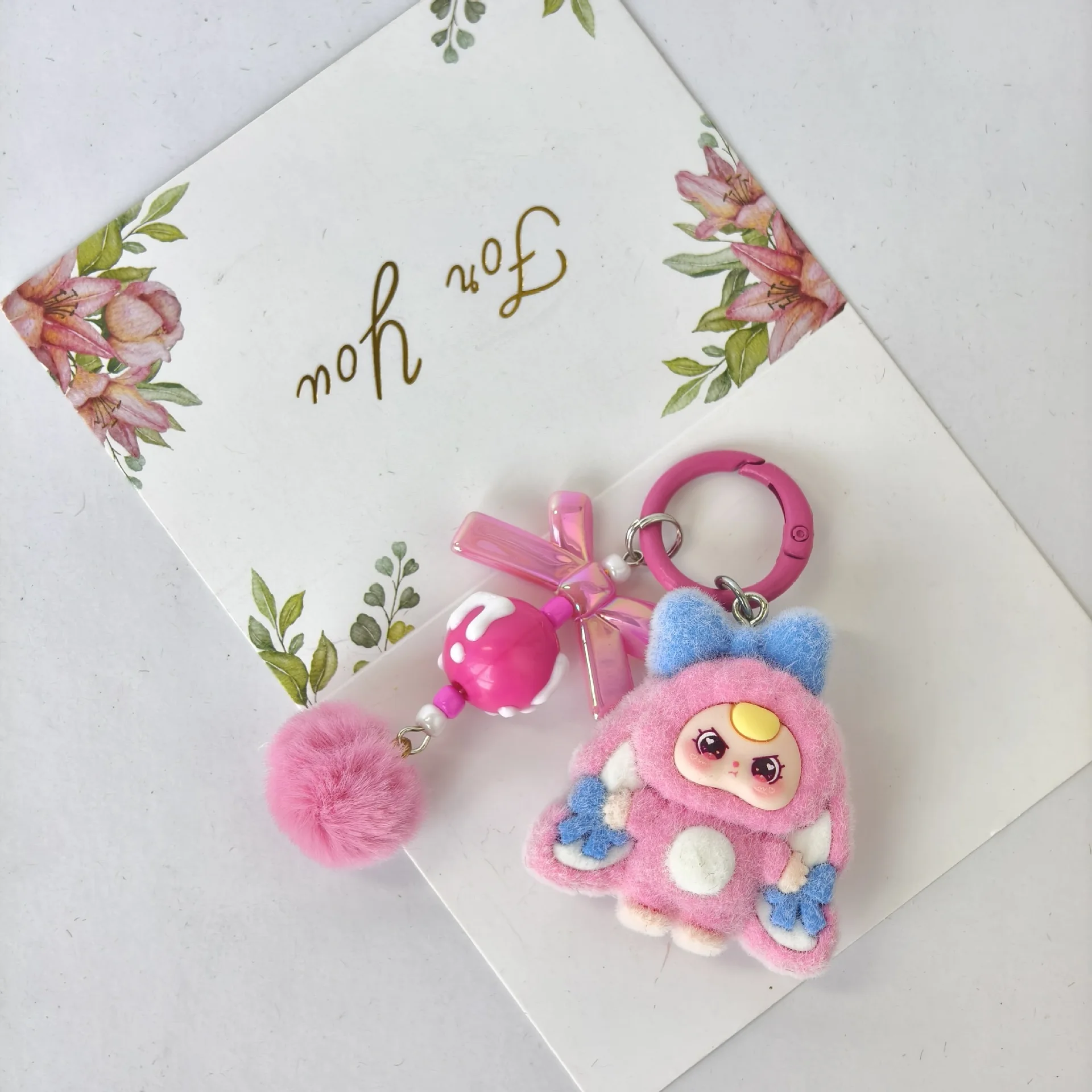 10pcs Mix Baby Three Flocked Cartoon Cute Doll Keychain Diy Jewelry Accessory Trendy Live Stream Toy Bag Pendant Kids Girls Toys