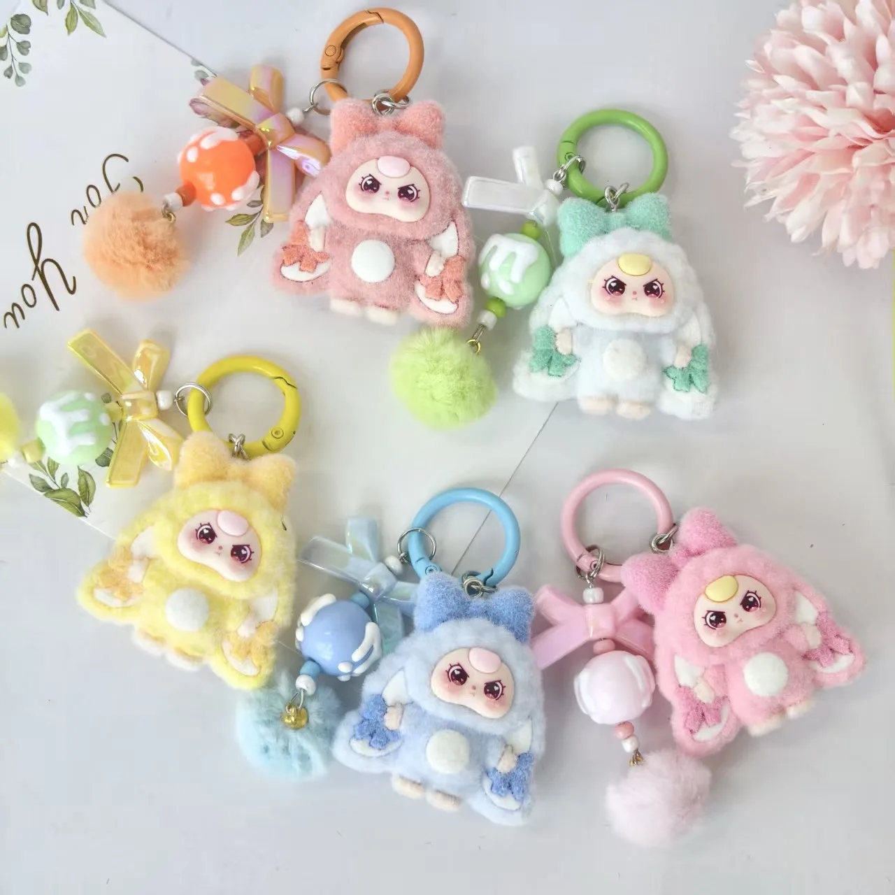 10pcs Mix Baby Three Flocked Cartoon Cute Doll Keychain Diy Jewelry Accessory Trendy Live Stream Toy Bag Pendant Kids Girls Toys