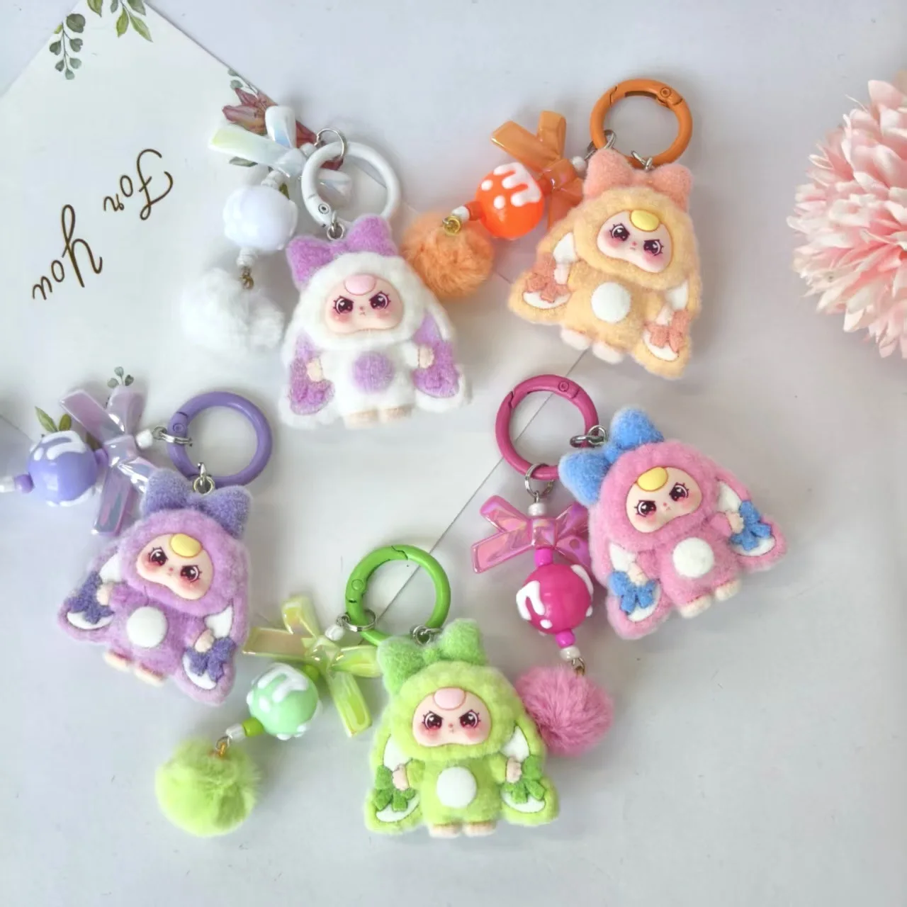 10pcs Mix Baby Three Flocked Cartoon Cute Doll Keychain Diy Jewelry Accessory Trendy Live Stream Toy Bag Pendant Kids Girls Toys
