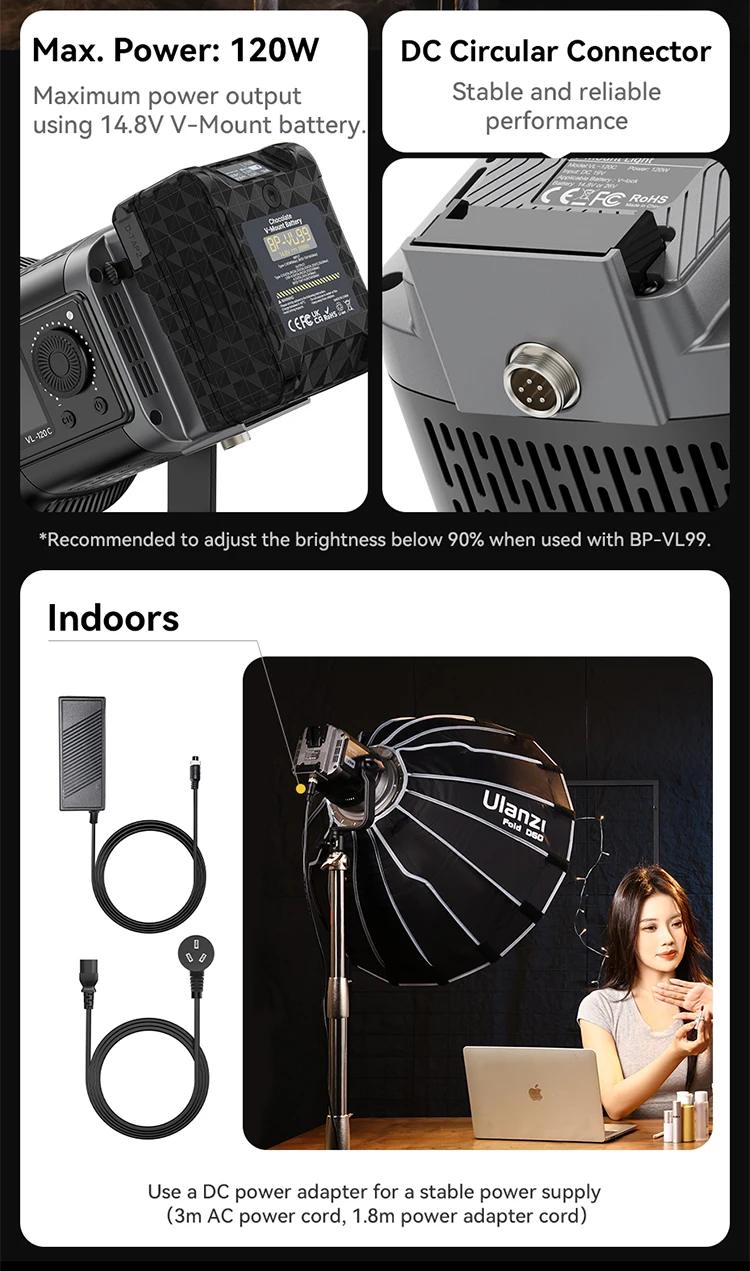Ulanzi VL-120Bi VL-120C 120W V-Mount COB Video Light Wireless APP Control 2700K-6500K CRI>95 for Video Photography Studio