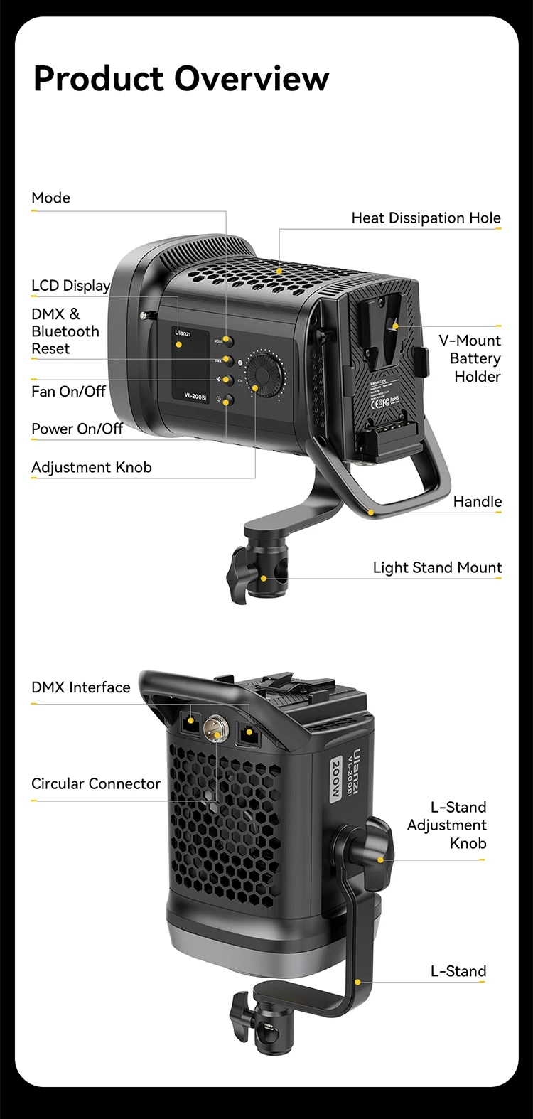 Ulanzi VL-120Bi VL-120C 120W V-Mount COB Video Light Wireless APP Control 2700K-6500K CRI>95 for Video Photography Studio