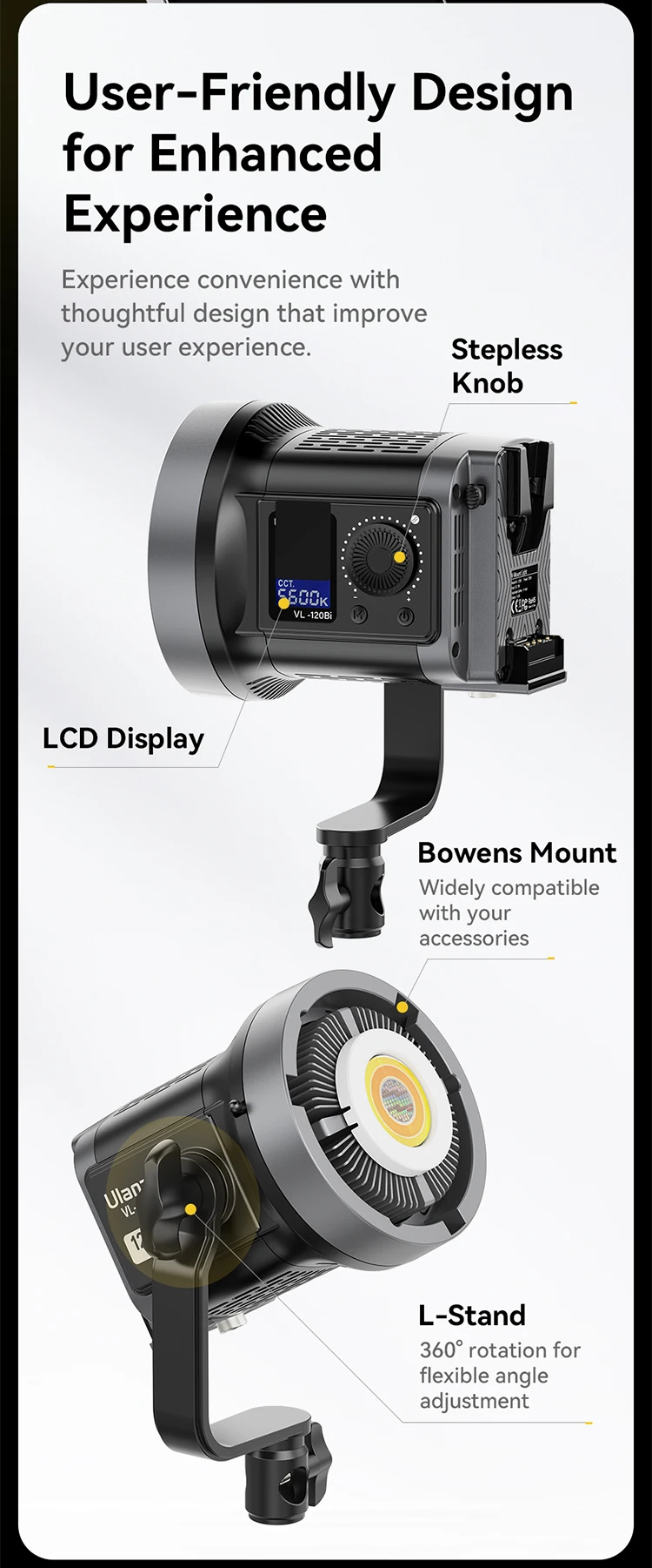 Ulanzi VL-120Bi VL-120C 120W V-Mount COB Video Light Wireless APP Control 2700K-6500K CRI>95 for Video Photography Studio