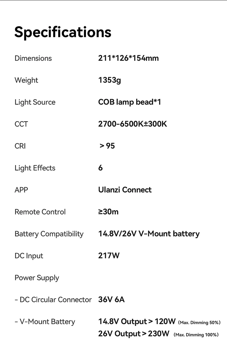 Ulanzi VL-120Bi VL-120C 120W V-Mount COB Video Light Wireless APP Control 2700K-6500K CRI>95 for Video Photography Studio