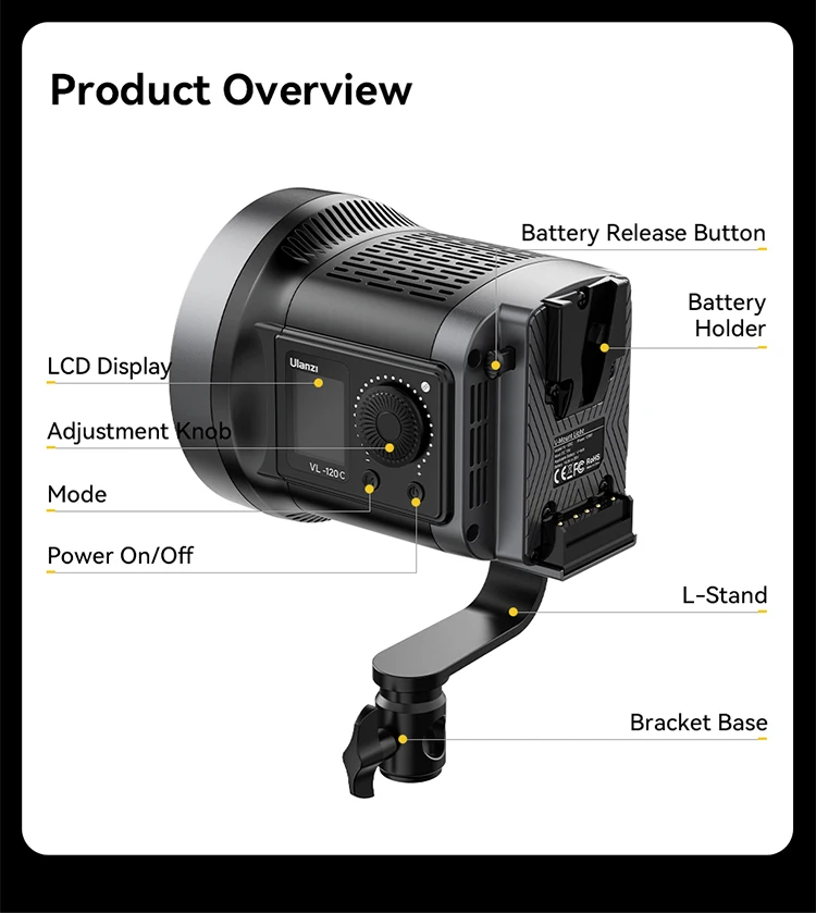 Ulanzi VL-120Bi VL-120C 120W V-Mount COB Video Light Wireless APP Control 2700K-6500K CRI>95 for Video Photography Studio