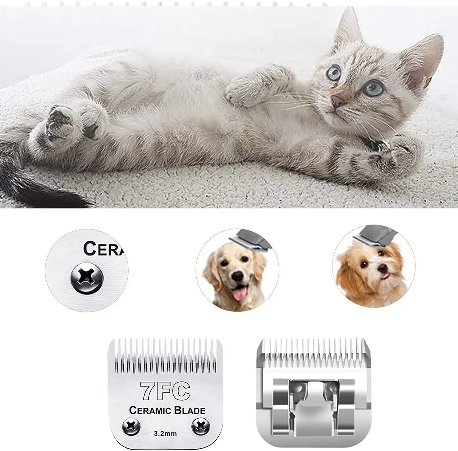 7FC Detachable Pet Dog Clipper Blade Set Compatible With For Most Andis, Oster A5 , Wahl KMClippers,Ceramic &Carbon Steel Blade