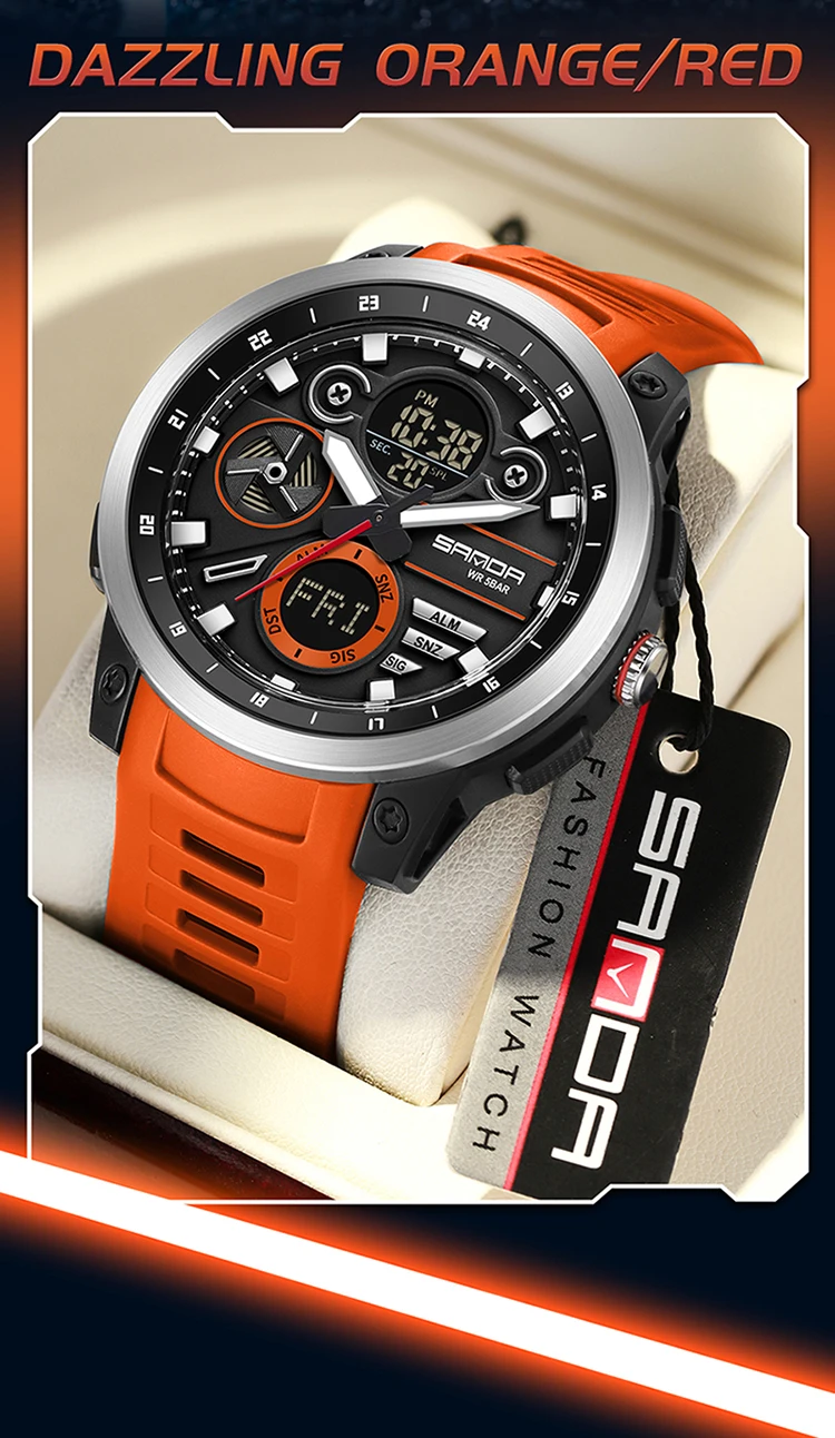 SANDA Men Sport Wristwatch TPU Strap Waterproof Quartz Watch Dual Display Digital Luminous Male Clock Relogio Masculino