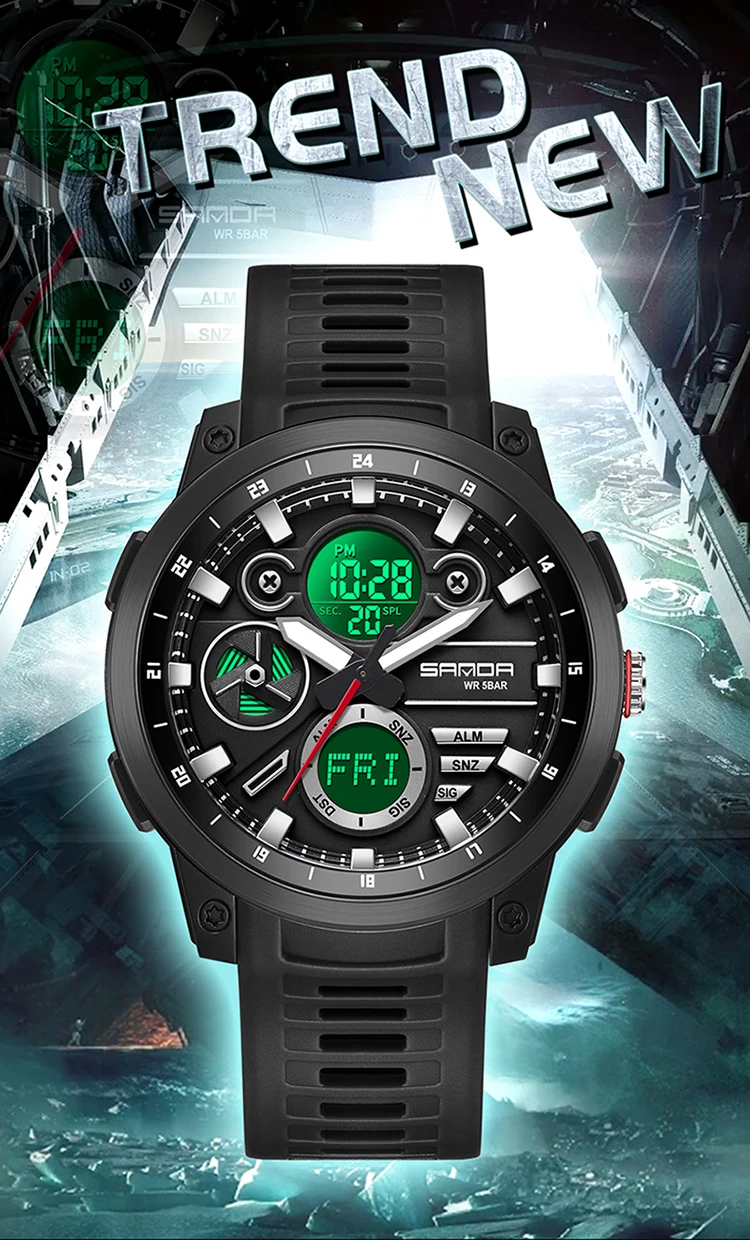SANDA Men Sport Wristwatch TPU Strap Waterproof Quartz Watch Dual Display Digital Luminous Male Clock Relogio Masculino
