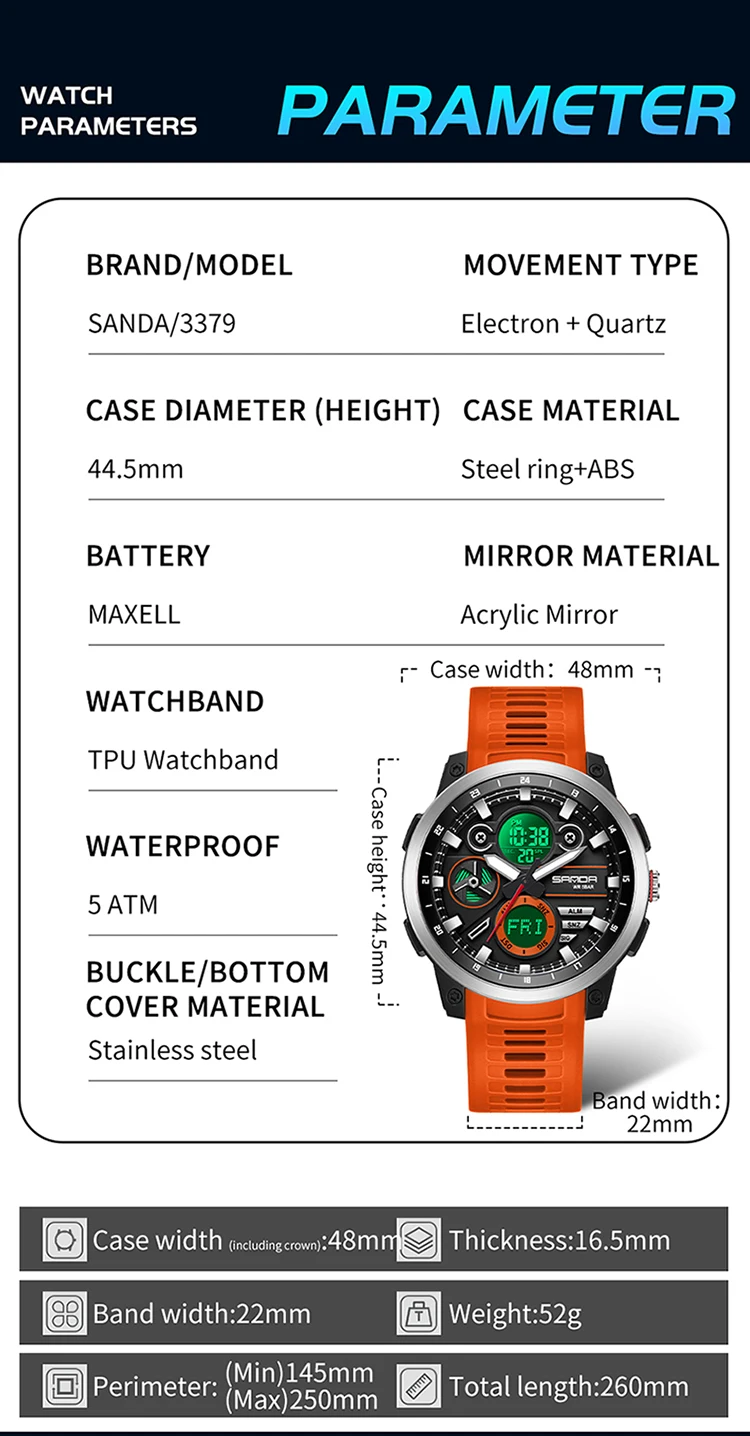 SANDA Men Sport Wristwatch TPU Strap Waterproof Quartz Watch Dual Display Digital Luminous Male Clock Relogio Masculino