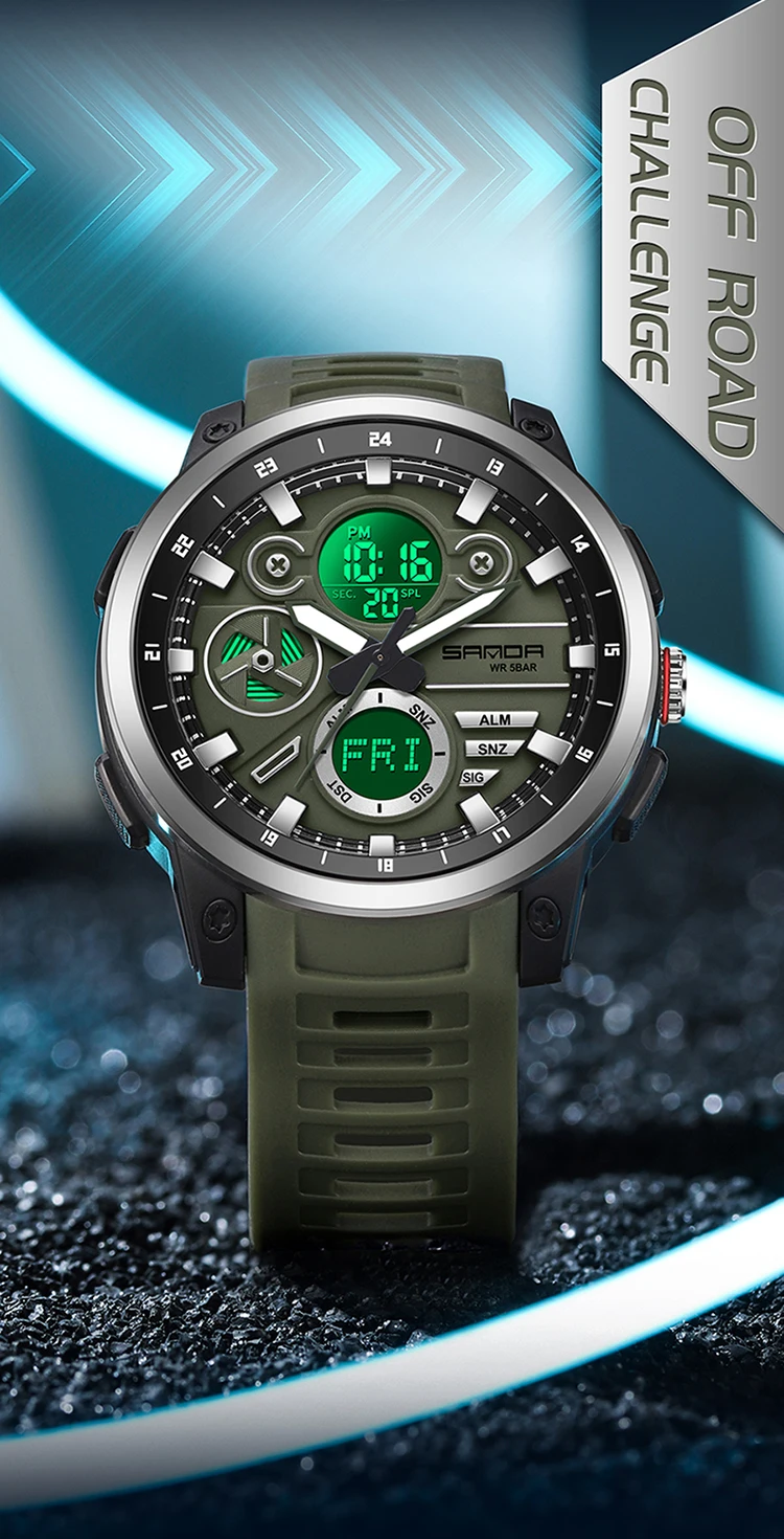 SANDA Men Sport Wristwatch TPU Strap Waterproof Quartz Watch Dual Display Digital Luminous Male Clock Relogio Masculino