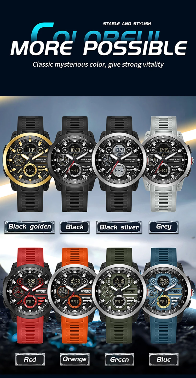 SANDA Men Sport Wristwatch TPU Strap Waterproof Quartz Watch Dual Display Digital Luminous Male Clock Relogio Masculino