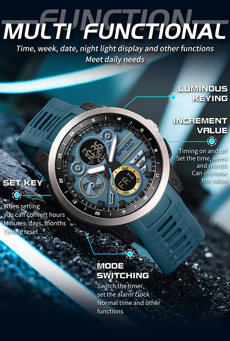 SANDA Men Sport Wristwatch TPU Strap Waterproof Quartz Watch Dual Display Digital Luminous Male Clock Relogio Masculino