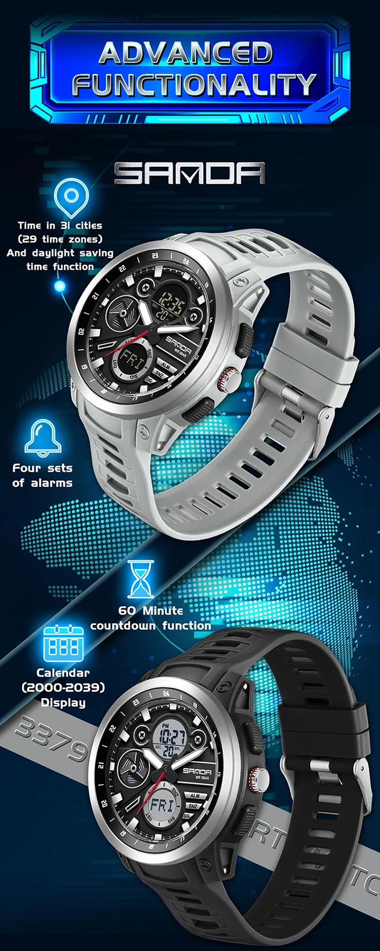 SANDA Men Sport Wristwatch TPU Strap Waterproof Quartz Watch Dual Display Digital Luminous Male Clock Relogio Masculino