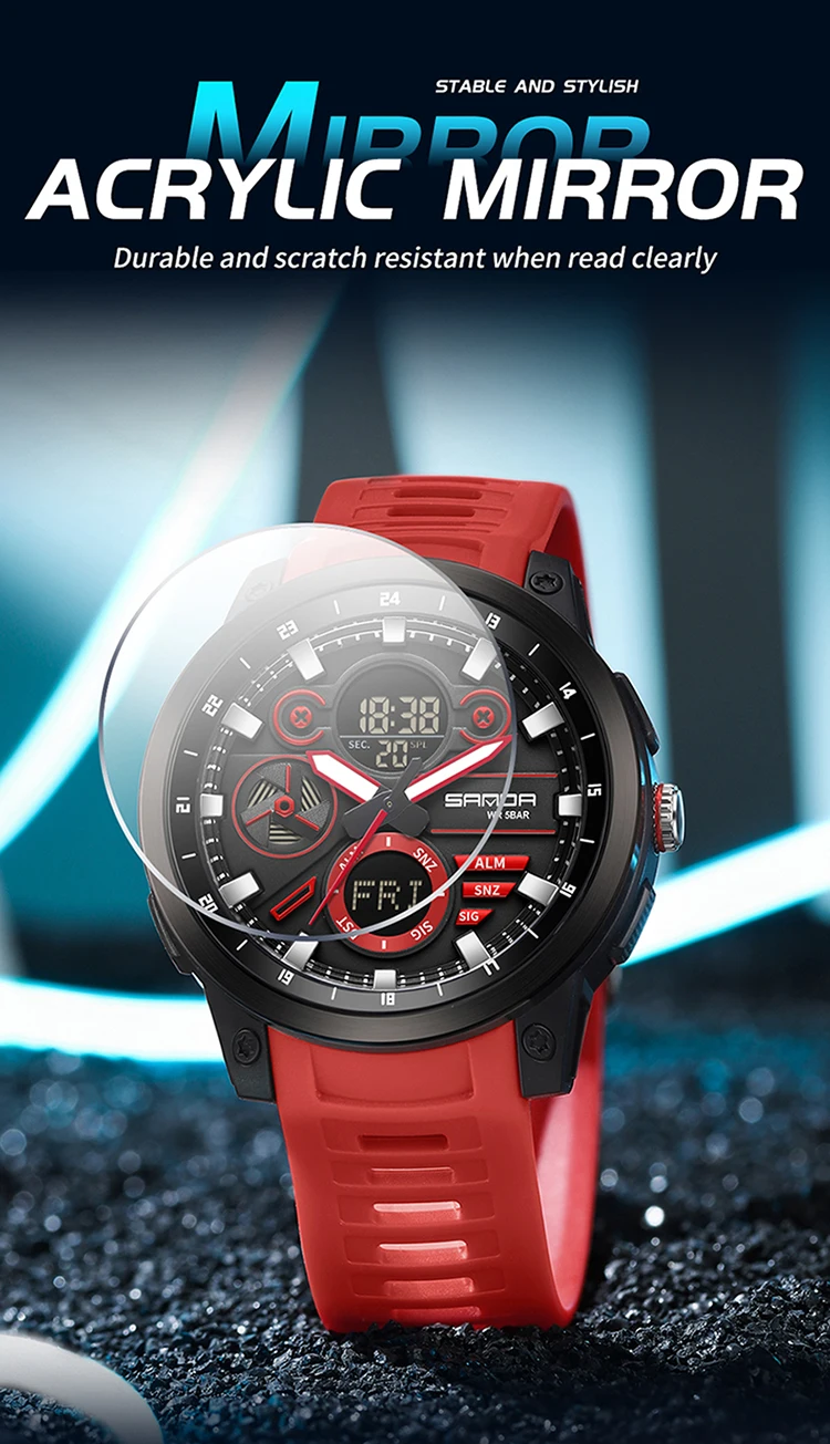 SANDA Men Sport Wristwatch TPU Strap Waterproof Quartz Watch Dual Display Digital Luminous Male Clock Relogio Masculino