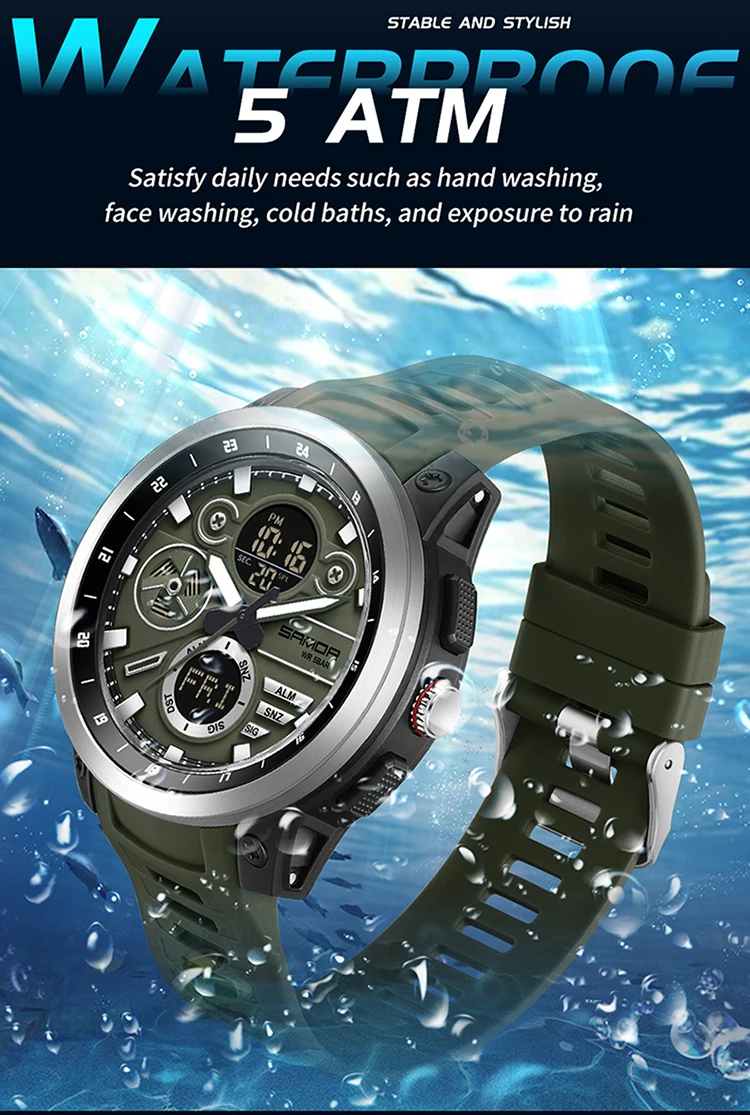 SANDA Men Sport Wristwatch TPU Strap Waterproof Quartz Watch Dual Display Digital Luminous Male Clock Relogio Masculino