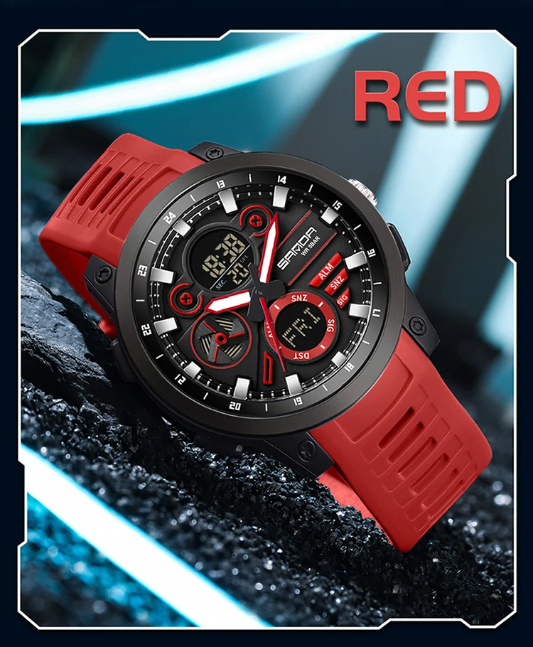 SANDA Men Sport Wristwatch TPU Strap Waterproof Quartz Watch Dual Display Digital Luminous Male Clock Relogio Masculino