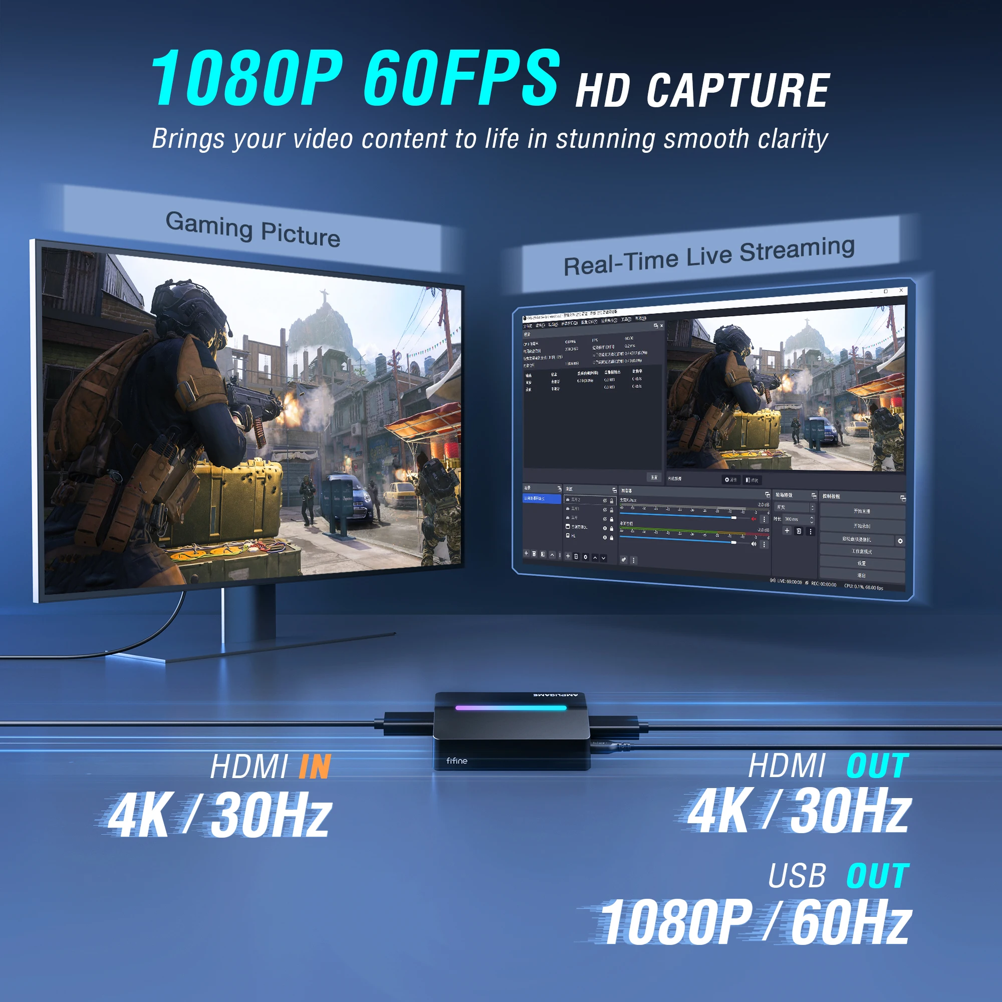 Fifine Video Capture Card 4K HDMI for Live Streaming and Gaming,Compatible with PS4/PS5/Windows/Mac OS/Switch/Xbox - V3