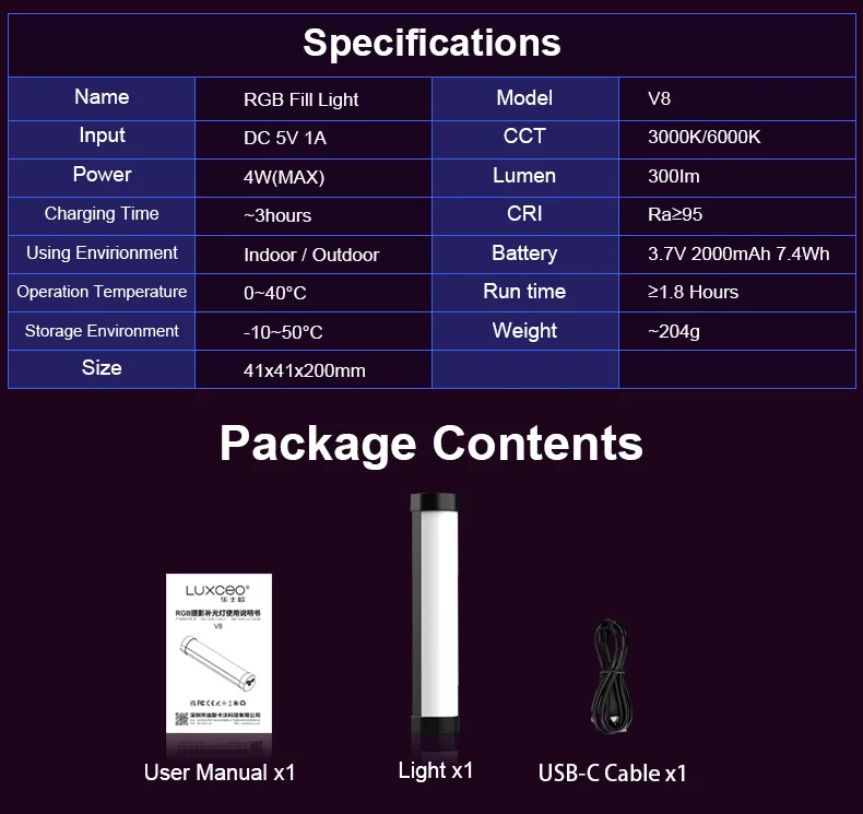 LUXCEO V8 Portable RGB Video Light Gamer Lamp 2000mAh Photo Video Shooting Selfie Lighting Fill-in Lights for Vlog/YouTube