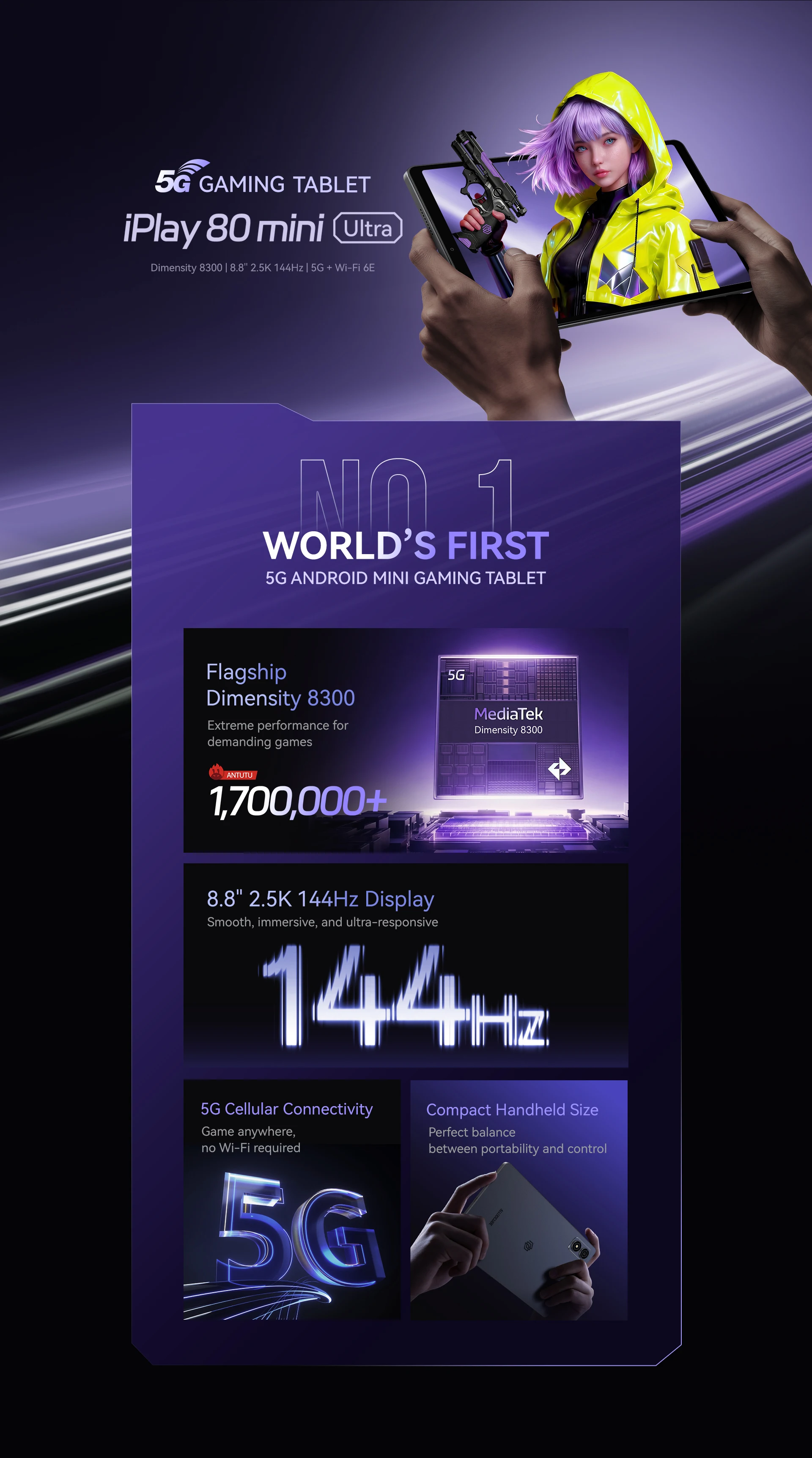 ALLDOCUBE iPlay 80 mini Ultra Gaming Tablet 8.8'' 2.5K 144Hz Dimensity 8300 20GB RAM 256GB ROM Android 16 7200mAh 5G LTE Tablet