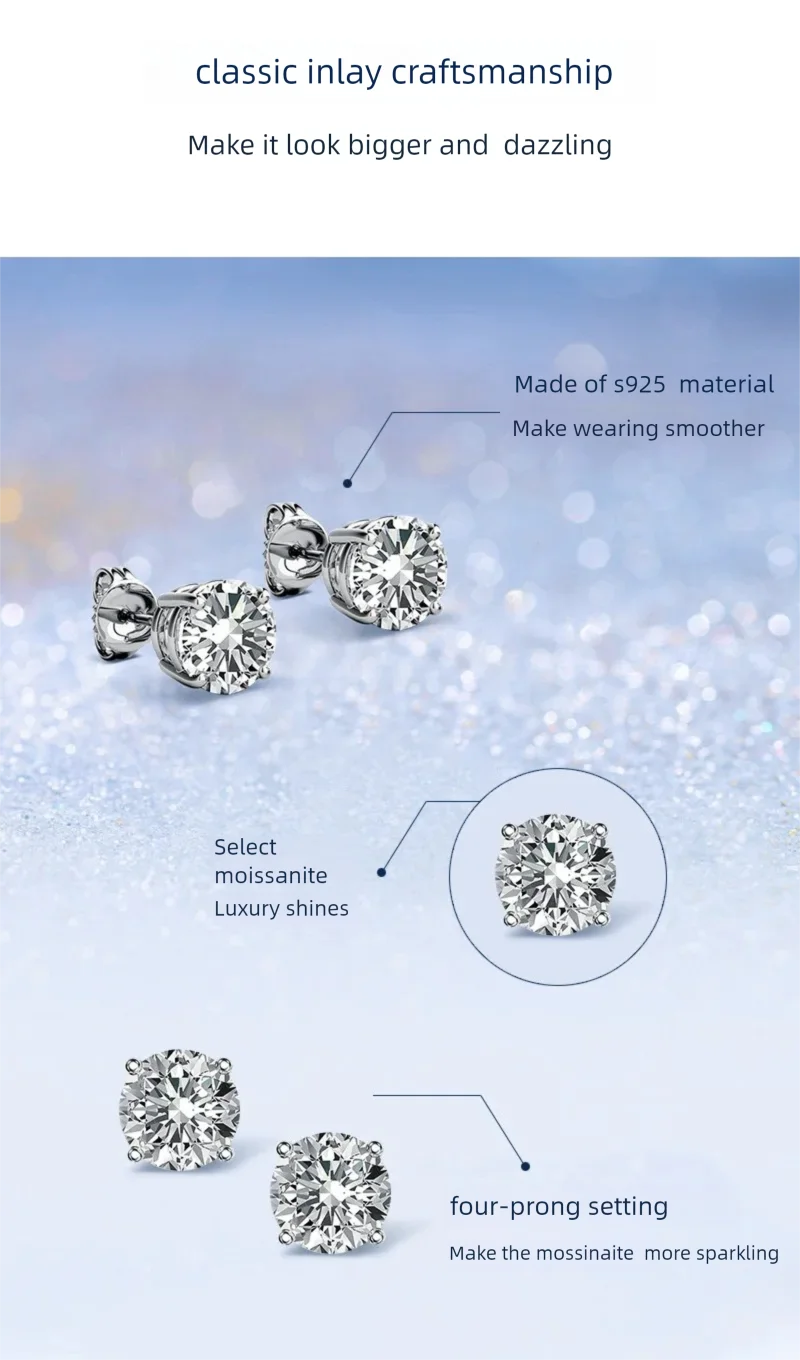 0.1-5CT 4 Claw Moissanite Stud Earrings for Women S925 Silver 18k Plated Bride Wedding Fine Jewelry
