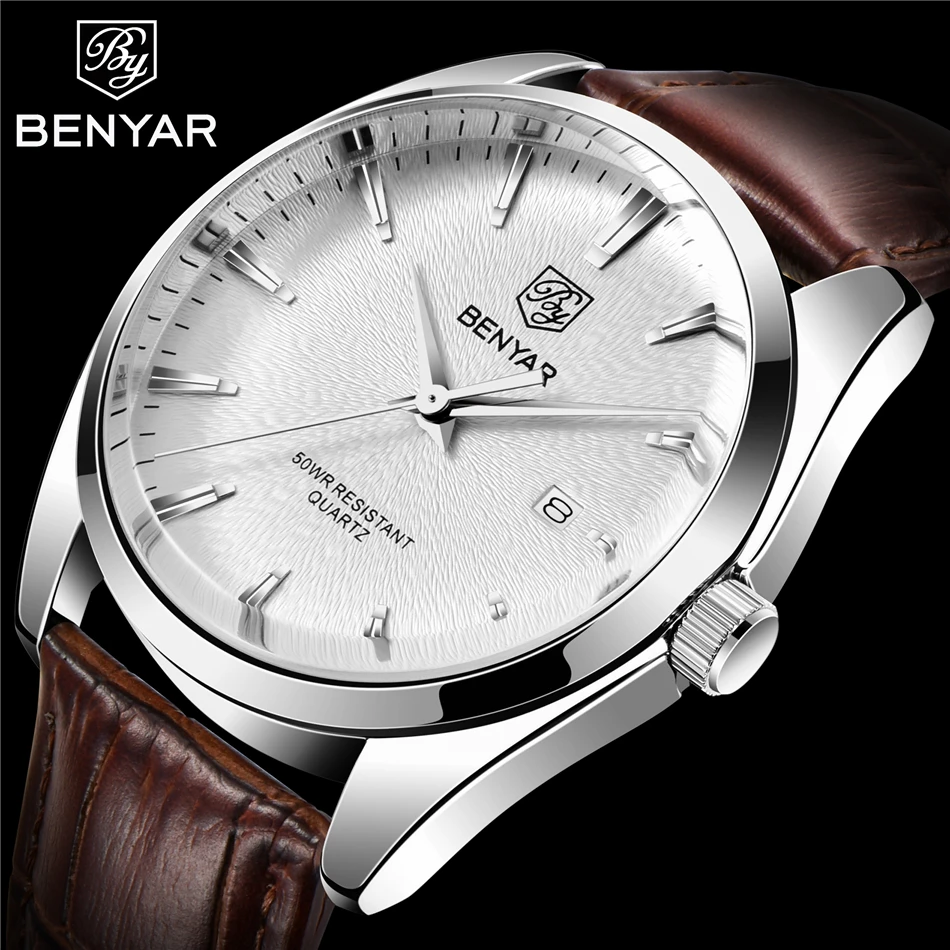 Benyar 5163 Top Brand Luxury Military Wristwatches Leather Quartz Watches Waterproof Simple Watch for Men Reloj Hombre