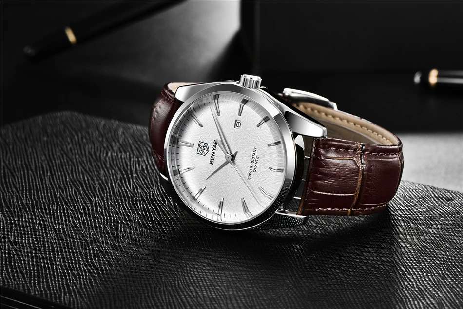 Benyar 5163 Top Brand Luxury Military Wristwatches Leather Quartz Watches Waterproof Simple Watch for Men Reloj Hombre