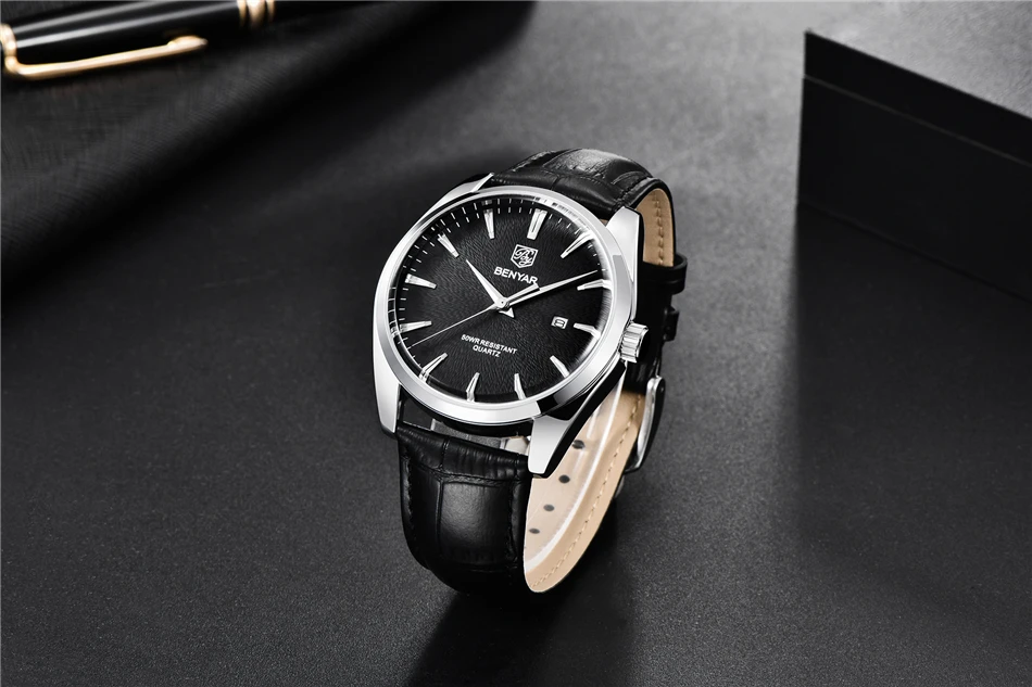 Benyar 5163 Top Brand Luxury Military Wristwatches Leather Quartz Watches Waterproof Simple Watch for Men Reloj Hombre