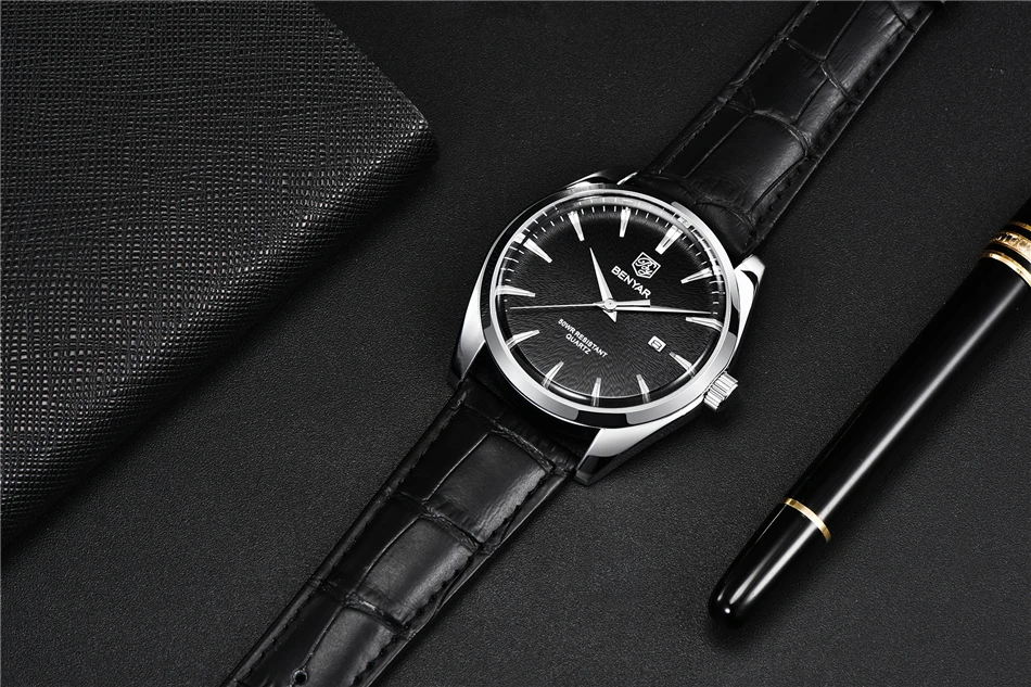 Benyar 5163 Top Brand Luxury Military Wristwatches Leather Quartz Watches Waterproof Simple Watch for Men Reloj Hombre