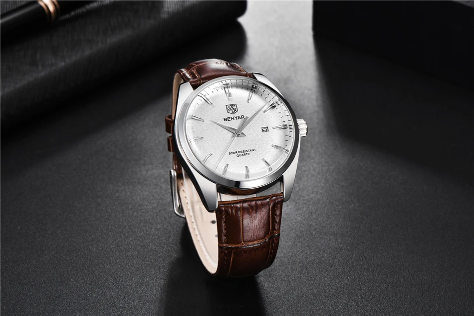 Benyar 5163 Top Brand Luxury Military Wristwatches Leather Quartz Watches Waterproof Simple Watch for Men Reloj Hombre