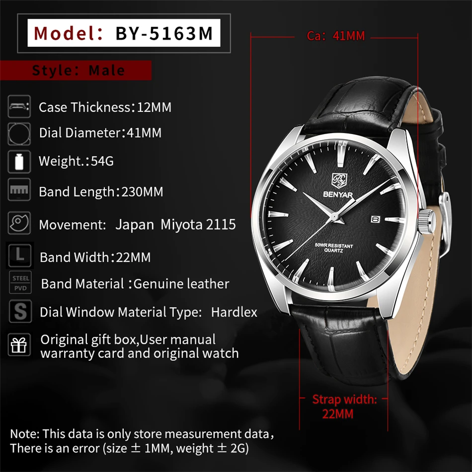 Benyar 5163 Top Brand Luxury Military Wristwatches Leather Quartz Watches Waterproof Simple Watch for Men Reloj Hombre