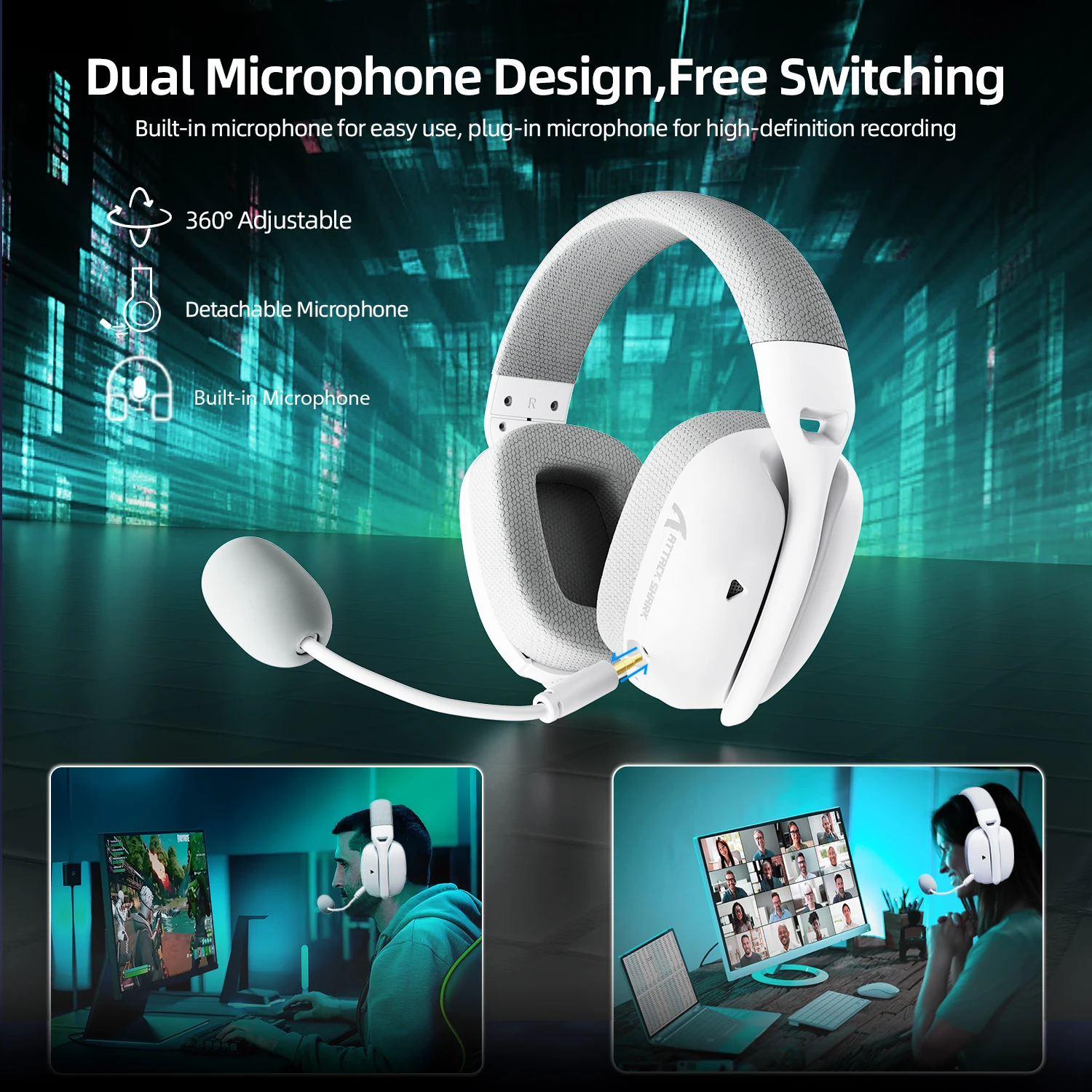 ATTACK SHARK L80Pro Gaming Headset, Bluetooth 5.3 2.4GHz Wireless & 3.5mm Wired, 40mm Drivers, Dual Microphones, 300mAh Battery