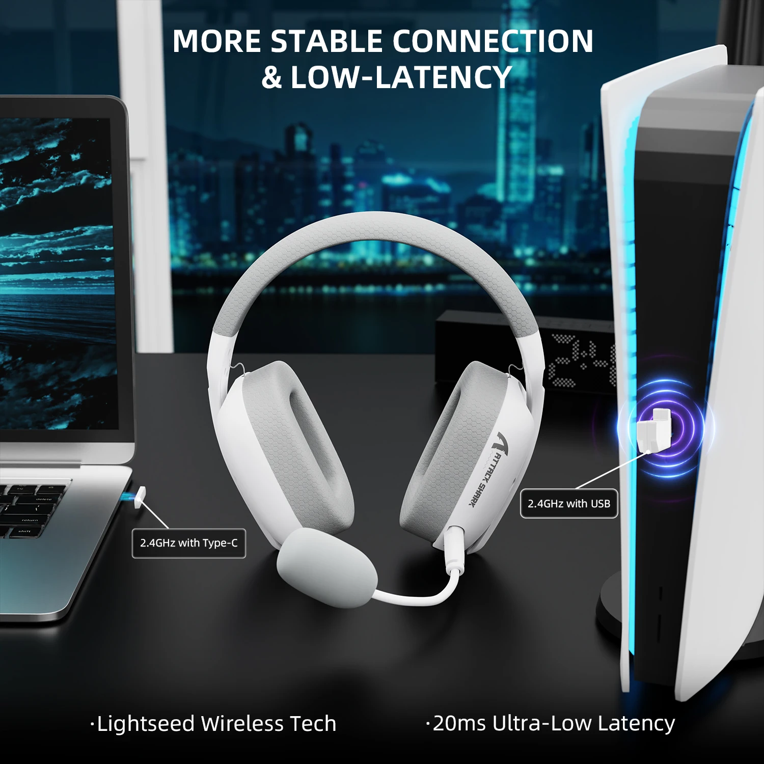 ATTACK SHARK L80Pro Gaming Headset, Bluetooth 5.3 2.4GHz Wireless & 3.5mm Wired, 40mm Drivers, Dual Microphones, 300mAh Battery