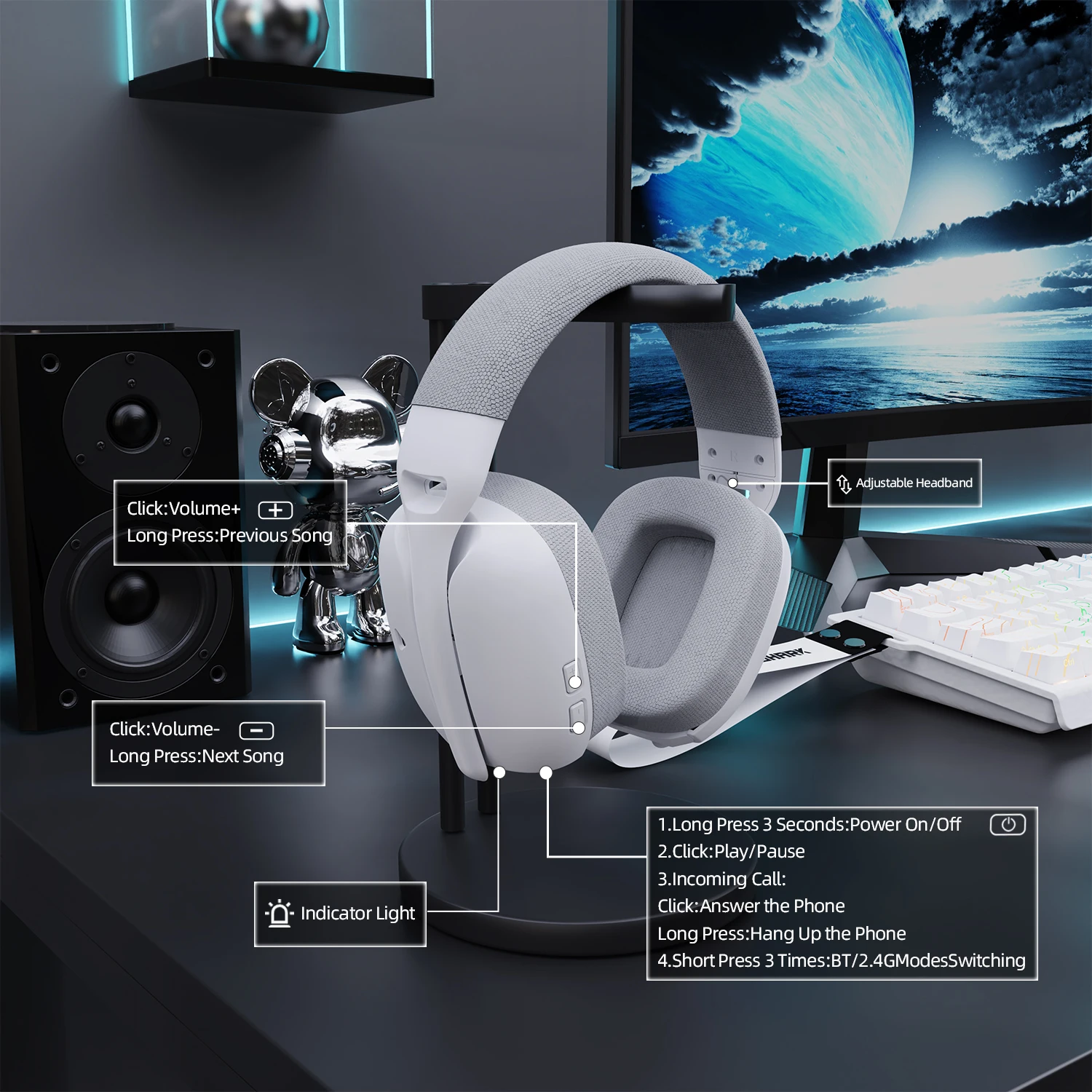 ATTACK SHARK L80Pro Gaming Headset, Bluetooth 5.3 2.4GHz Wireless & 3.5mm Wired, 40mm Drivers, Dual Microphones, 300mAh Battery