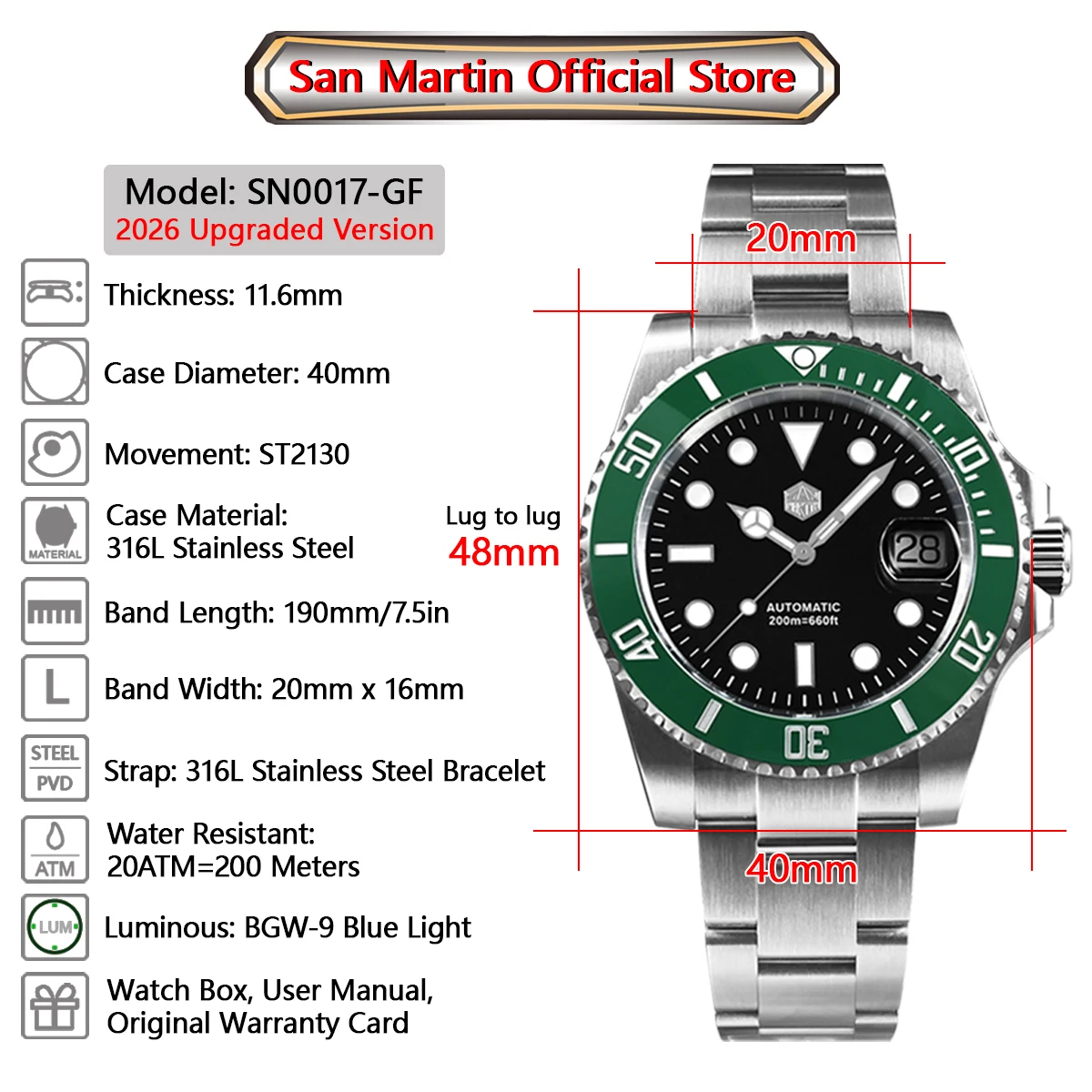 San Martin New 40mm Water Ghost Diver Watch Men Luxury ST 2130 Automatic Mechanical Watch Sapphire Waterproof 200m SN0017