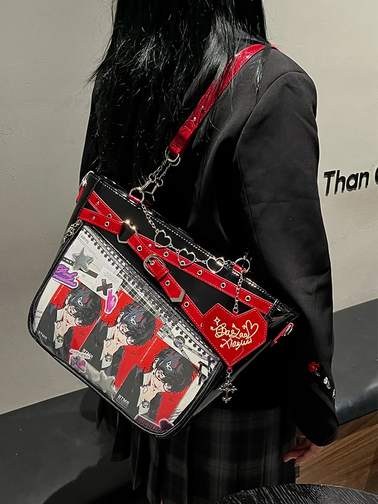 Y2k Aesthetic Underarm Ita Bag Streetwear Girl Transparent Shoulder Bag Heart Shape Chic Chain Handbag DIY Display Crossbody Bag