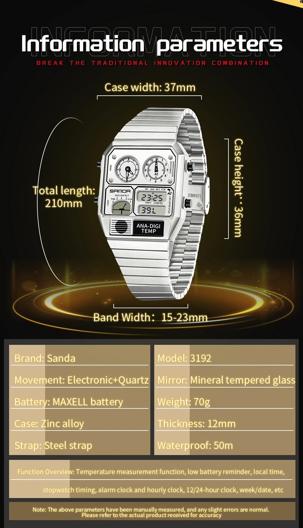 SANDA New 3192 Men's Square Men's Electronic Watch Waterproof LED Thermometer Stopwatch For Men's Electronic Watch