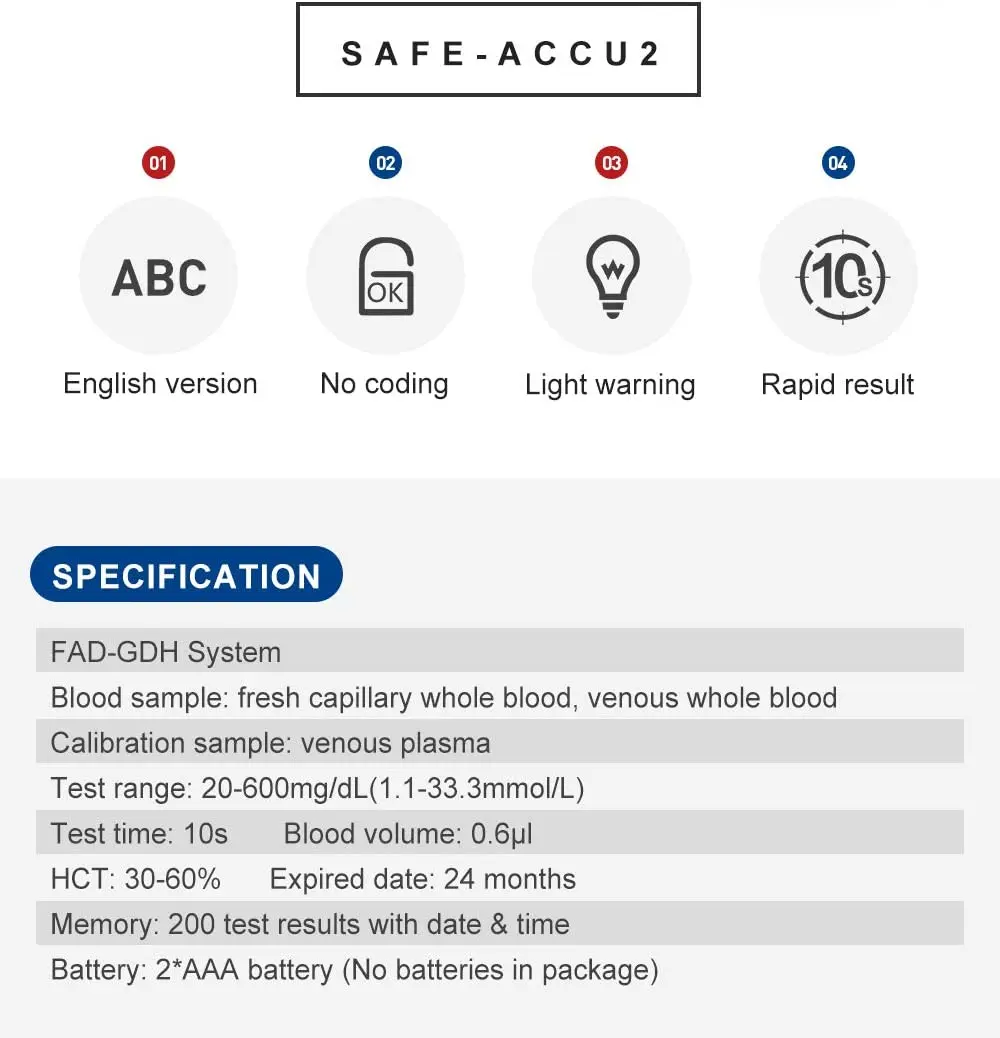 Sinocare Safe ACCU2 Blood Glucose Meter Blood Sugar Test Kit Diabetes Home Glucometer with 50pcs Strips or Only Strips