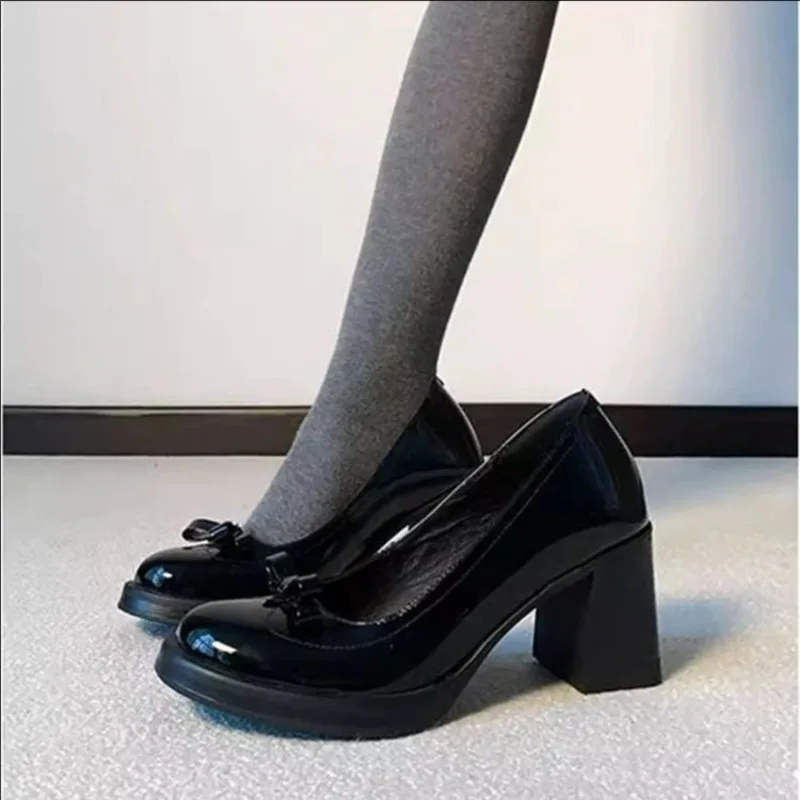 Vintage Bow Shallow Single Shoes Women Slip-On High Heels Block Heel Versatile Commuter Mary Jane Shoes