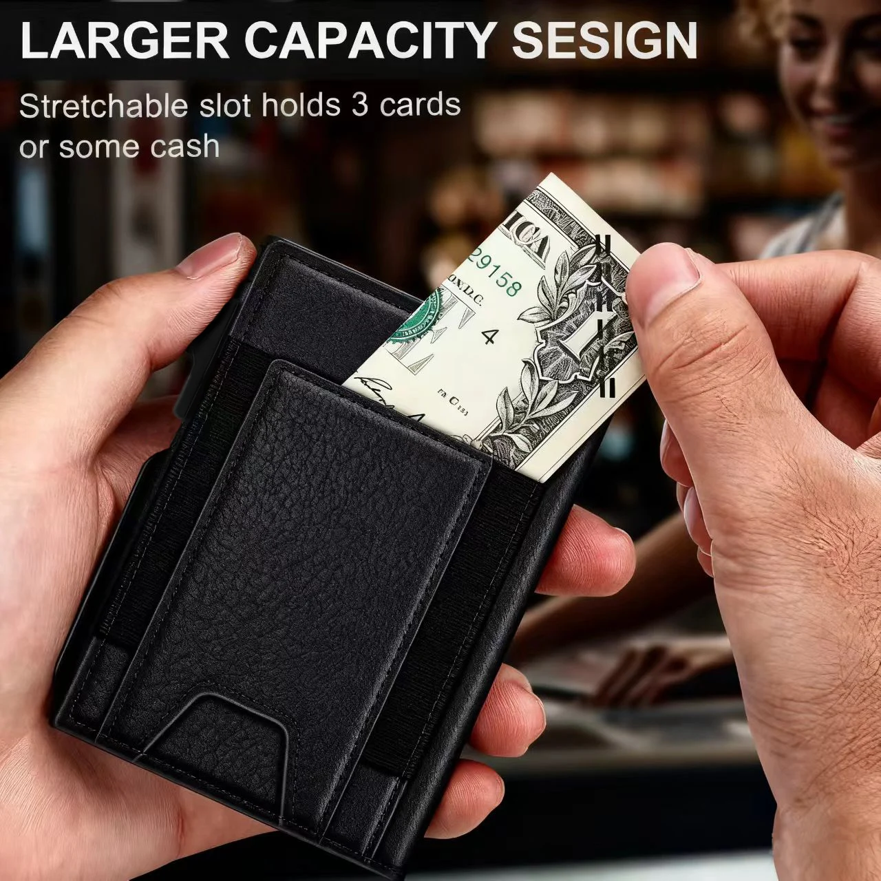 New Black Leather Wallet for Men Slim Bifold RFID Blocking Wallet with Pop-Up Metal Card Holder & Card Sleeves POP UP Wallet
