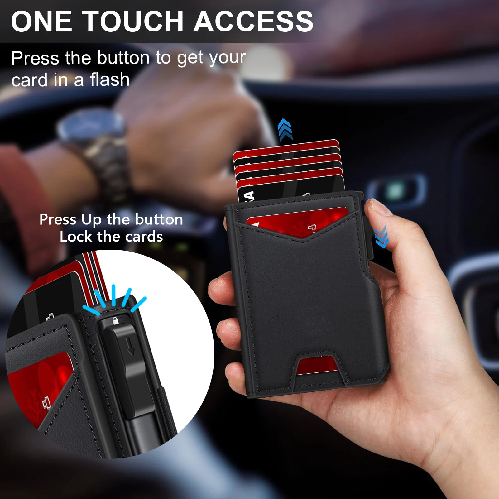 New Black Leather Wallet for Men Slim Bifold RFID Blocking Wallet with Pop-Up Metal Card Holder & Card Sleeves POP UP Wallet