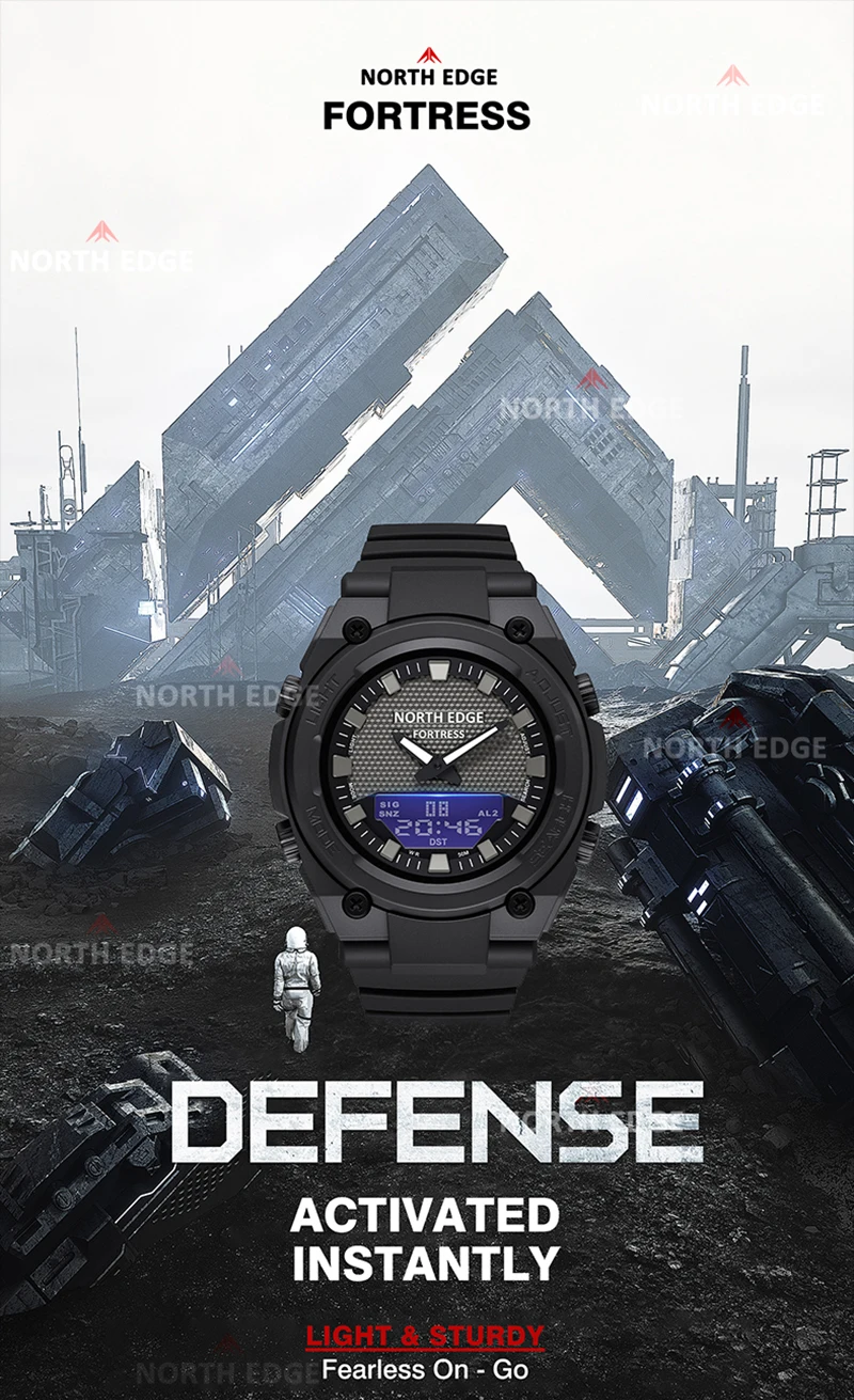 NORTH EDGE FORTRESS 2026 Men Digital Watch Outdoor Sports Waterproof 50M Watches World Time Countdown Electronic LED Wristwatch