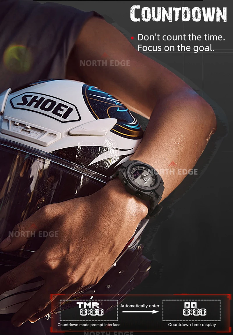 NORTH EDGE FORTRESS 2026 Men Digital Watch Outdoor Sports Waterproof 50M Watches World Time Countdown Electronic LED Wristwatch