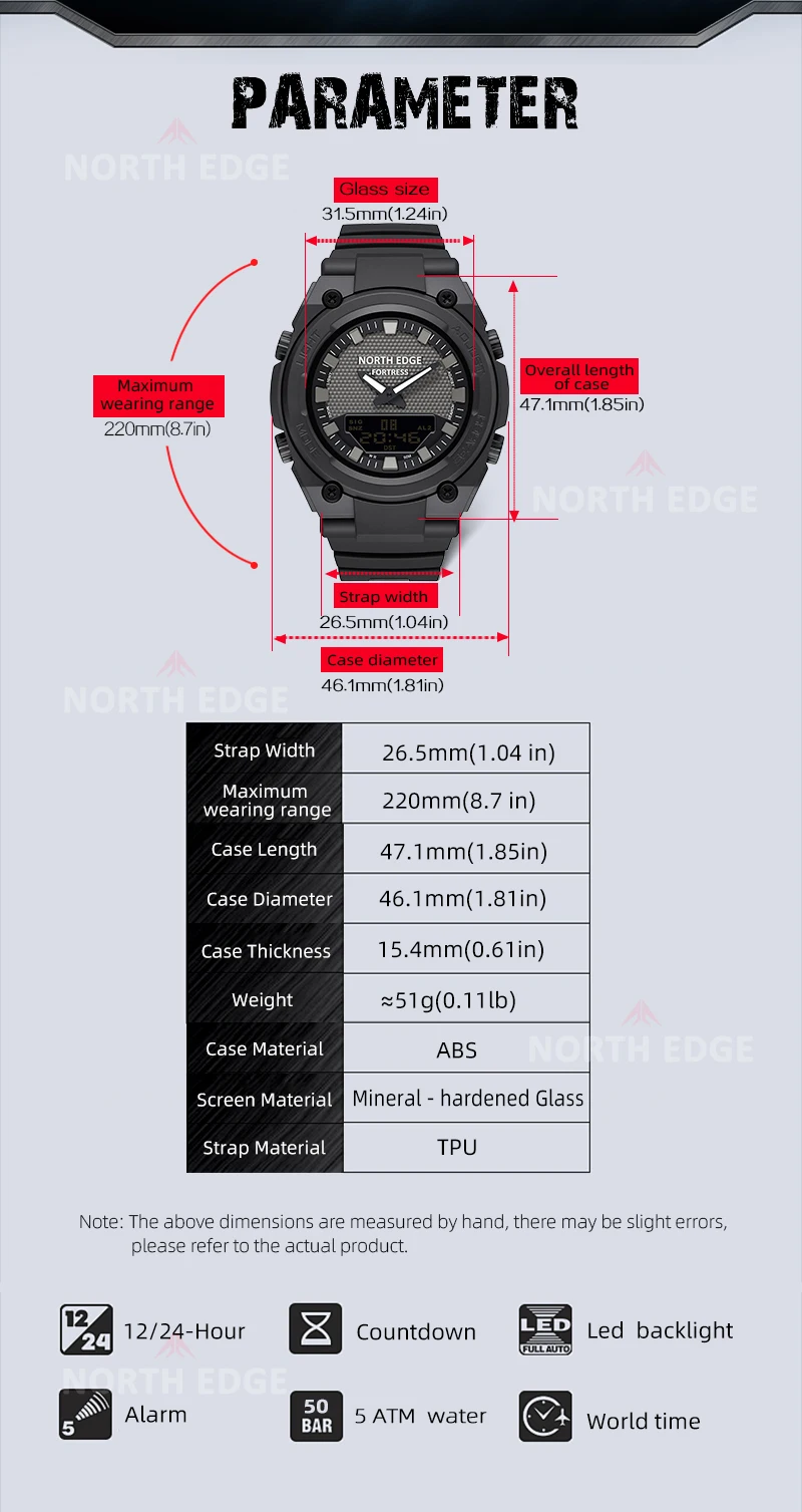NORTH EDGE FORTRESS 2026 Men Digital Watch Outdoor Sports Waterproof 50M Watches World Time Countdown Electronic LED Wristwatch