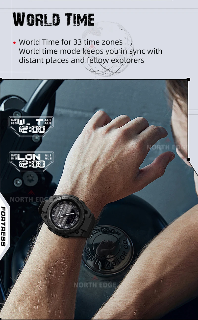 NORTH EDGE FORTRESS 2026 Men Digital Watch Outdoor Sports Waterproof 50M Watches World Time Countdown Electronic LED Wristwatch