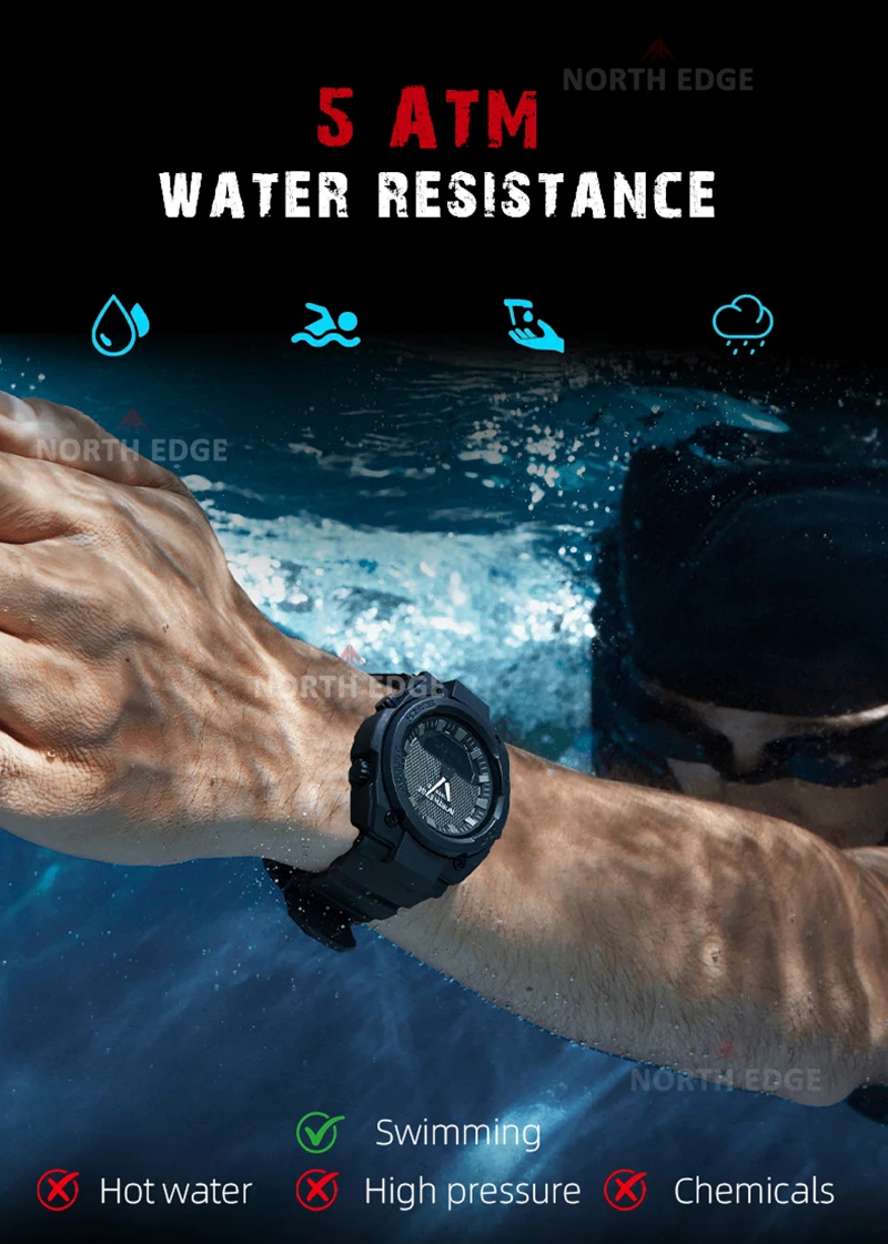 NORTH EDGE FORTRESS 2026 Men Digital Watch Outdoor Sports Waterproof 50M Watches World Time Countdown Electronic LED Wristwatch