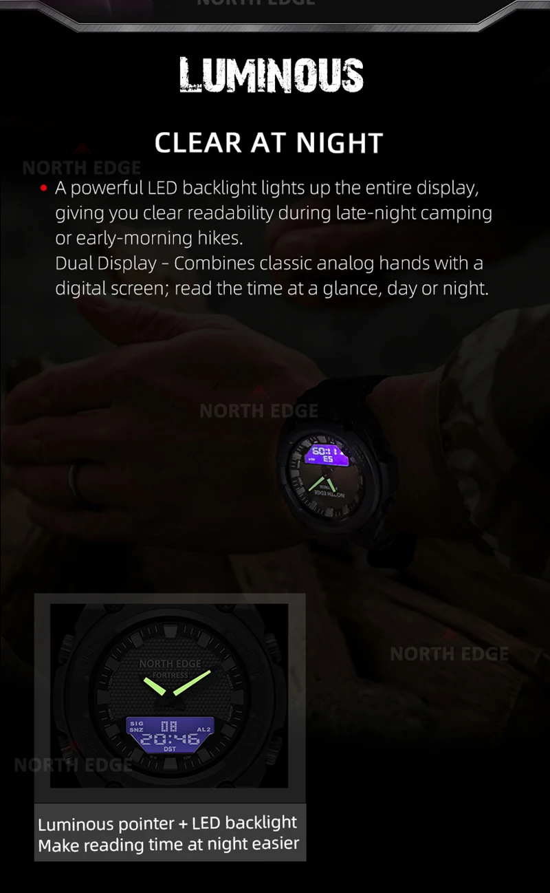 NORTH EDGE FORTRESS 2026 Men Digital Watch Outdoor Sports Waterproof 50M Watches World Time Countdown Electronic LED Wristwatch