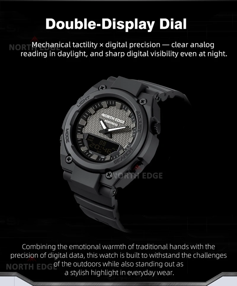 NORTH EDGE FORTRESS 2026 Men Digital Watch Outdoor Sports Waterproof 50M Watches World Time Countdown Electronic LED Wristwatch